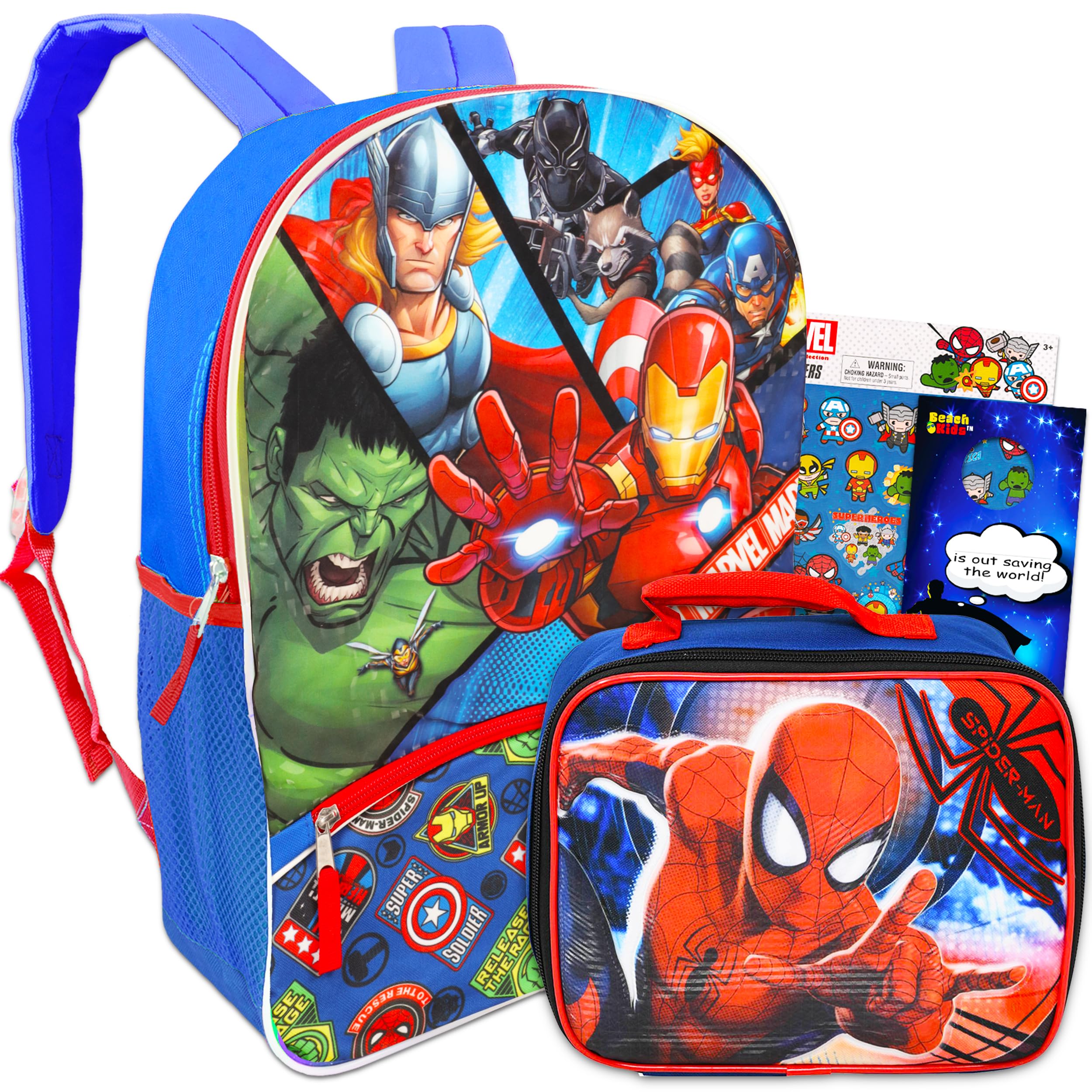 Marvel Avengers Backpack and Lunch Box Set for Kids - Spiderman School Bag, Superhero Lunch Bag with Stickers | Perfect for School, Travel & Daily Use