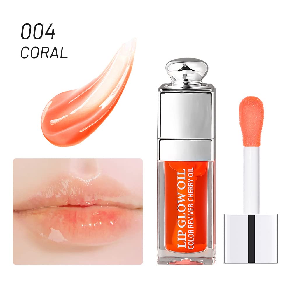 GECOMO Hydrating Lip Oil - Non-Sticky Lip Gloss & Balm for Dry Lips, Moisturizing & Nourishing Fruit Flavored Lip Care (004#CORAL, 0.2 OZ) - Perfect for Daily Use, Makeup Prep, and Chapped Lip Relief