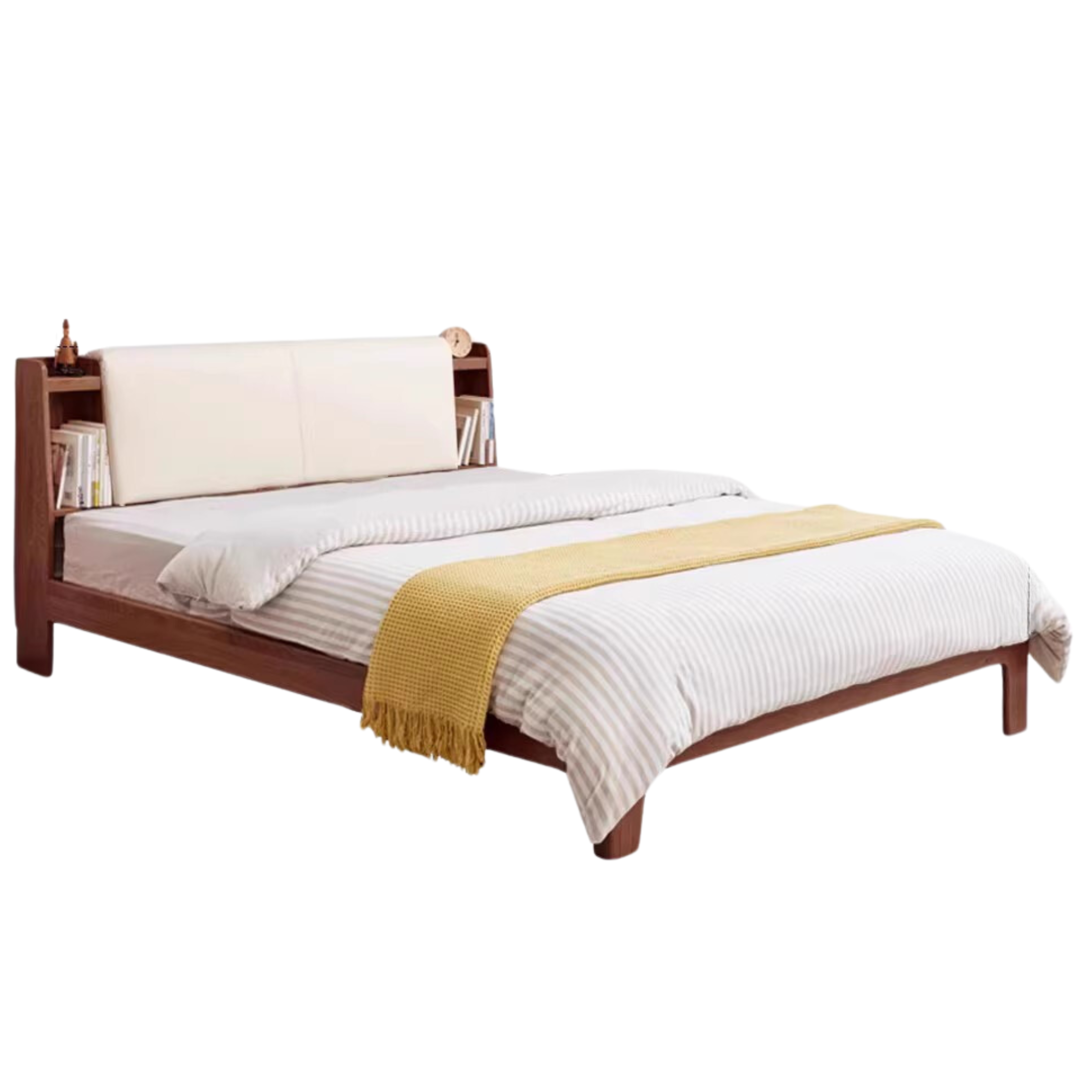 Solid Oak Wood Luminous Bed with Shelf - Genuine Leather & Technical Fabric Headboard - Modern Bedroom Furniture for Master Bedroom, Guest Room, or Dorm