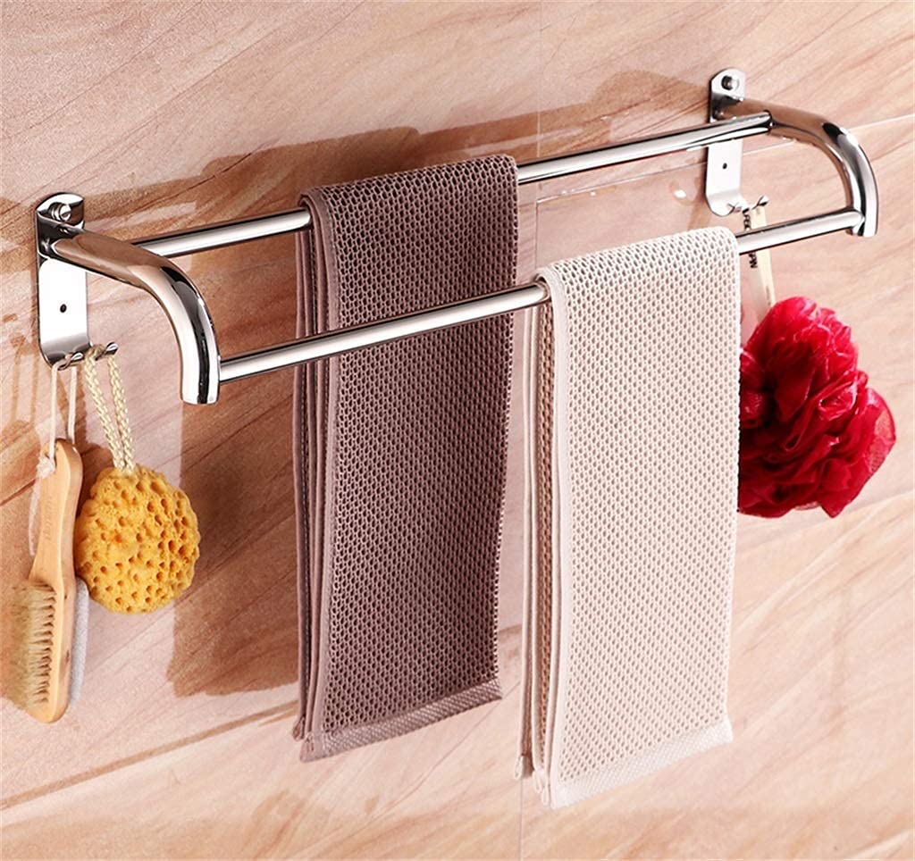 Stainless Steel Double Towel Bar - 50Cm Bathroom & Kitchen Towel Rack with 2 Rods for Hand Towels & Rags - Wall Mounted Shower Storage Shelf (Silver) - Perfect for Small Spaces & Modern Home Decor