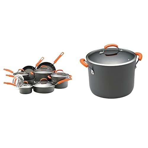 Rachael Ray Brights 14-Piece Hard-Anodized Nonstick Cookware Set with Glass Lids & 10-Quart Stockpot - Gray with Orange Handles - Durable Pots & Pans for Everyday Cooking, Boiling, Frying & Serving