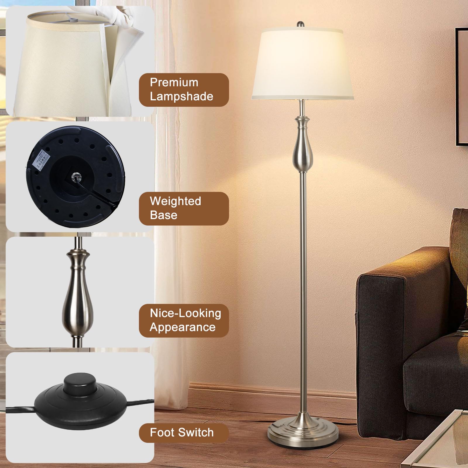 Depuley 3-Piece Modern Lamp Set - 2 Table Lamps & 1 Floor Lamp with White Linen Shades, Silver Metal Finish for Living Room, Bedroom, Office | Perfect for Ambient Lighting and Home Decor