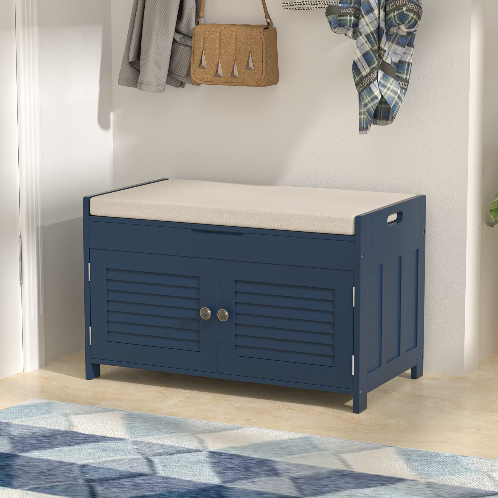 Knowlife Shoe Storage Bench with Lift Top - Entryway Bench with Adjustable Shelves, Cushioned Seat & Cabinet Door - Perfect for Hallway, Bedroom, Closet & Mudroom Organization