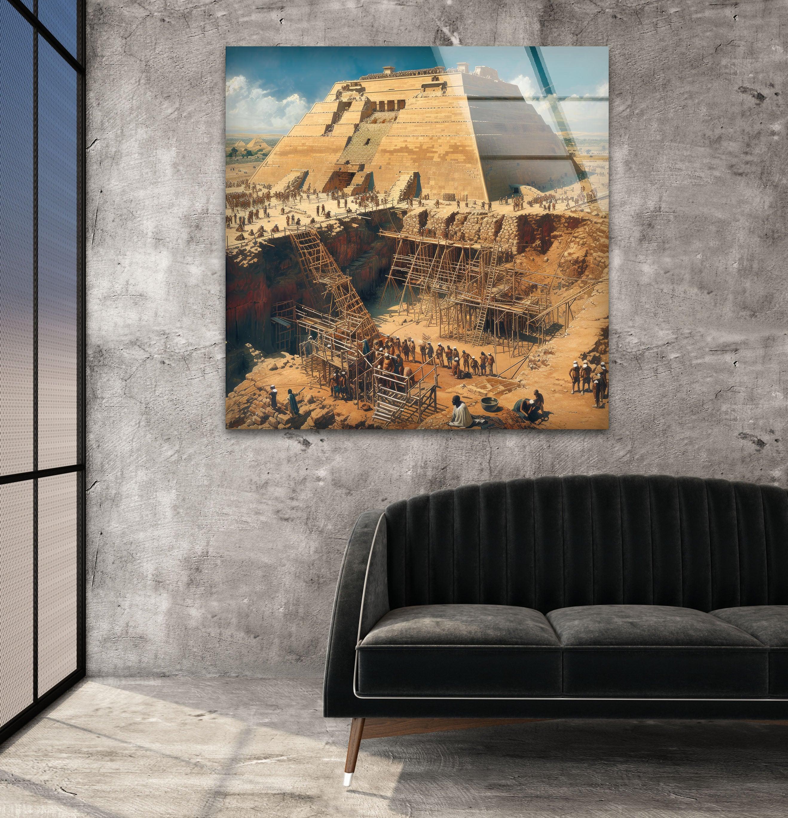Ancient Pyramid Construction Glass Wall Art - Handmade Egyptian History Decor for Home & Office - Perfect for Living Room, Bedroom, or Office Wall Decor