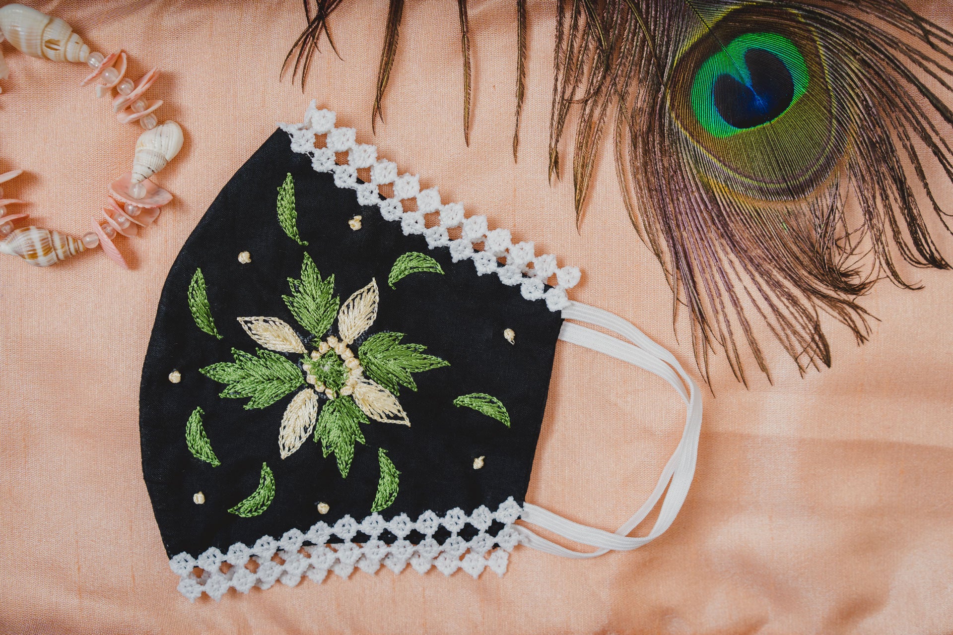 Black Geometric Floral Embroidery Cotton Face Mask - Reusable Washable Breathable Fabric for Daily Wear, Outdoor Activities & Fashion Accessory