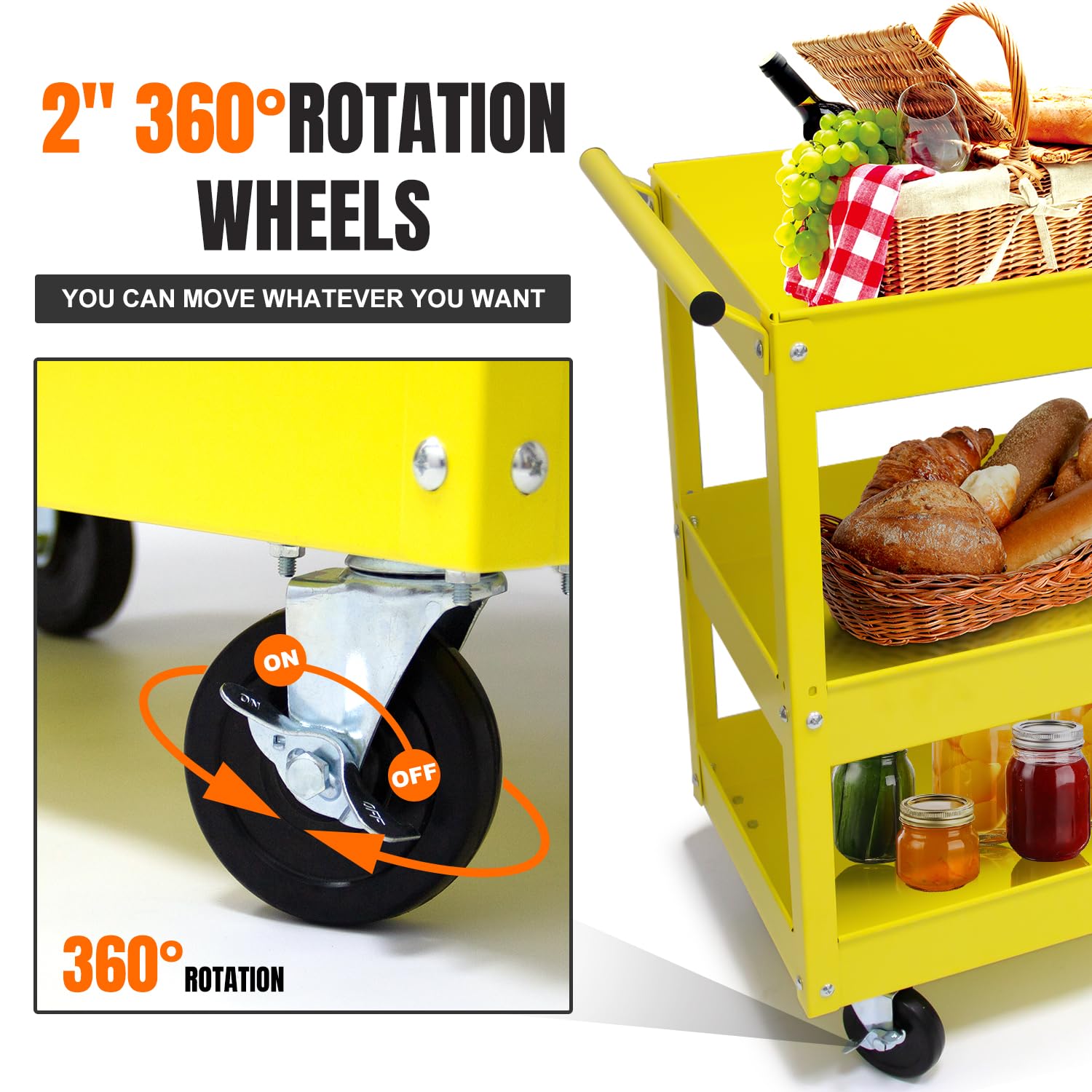 30in Large Steel Service Cart with Wheels - Heavy Duty 3-Tier Metal Utility Cart - 400 lbs Capacity Rolling Tool Cart for Workshop, Garage & Industrial Use - Yellow