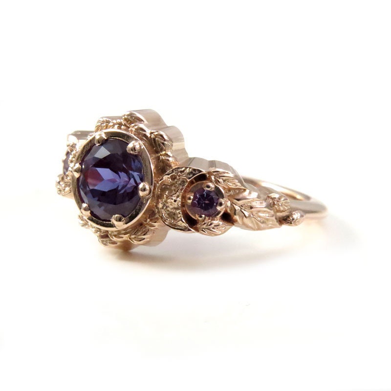 14K Rose, Yellow or White Gold Chatham Alexandrite Leaf & Crescent Moon Ring – Nature-Inspired Antique Engagement Ring for Wedding, Proposal & Anniversary Gifts