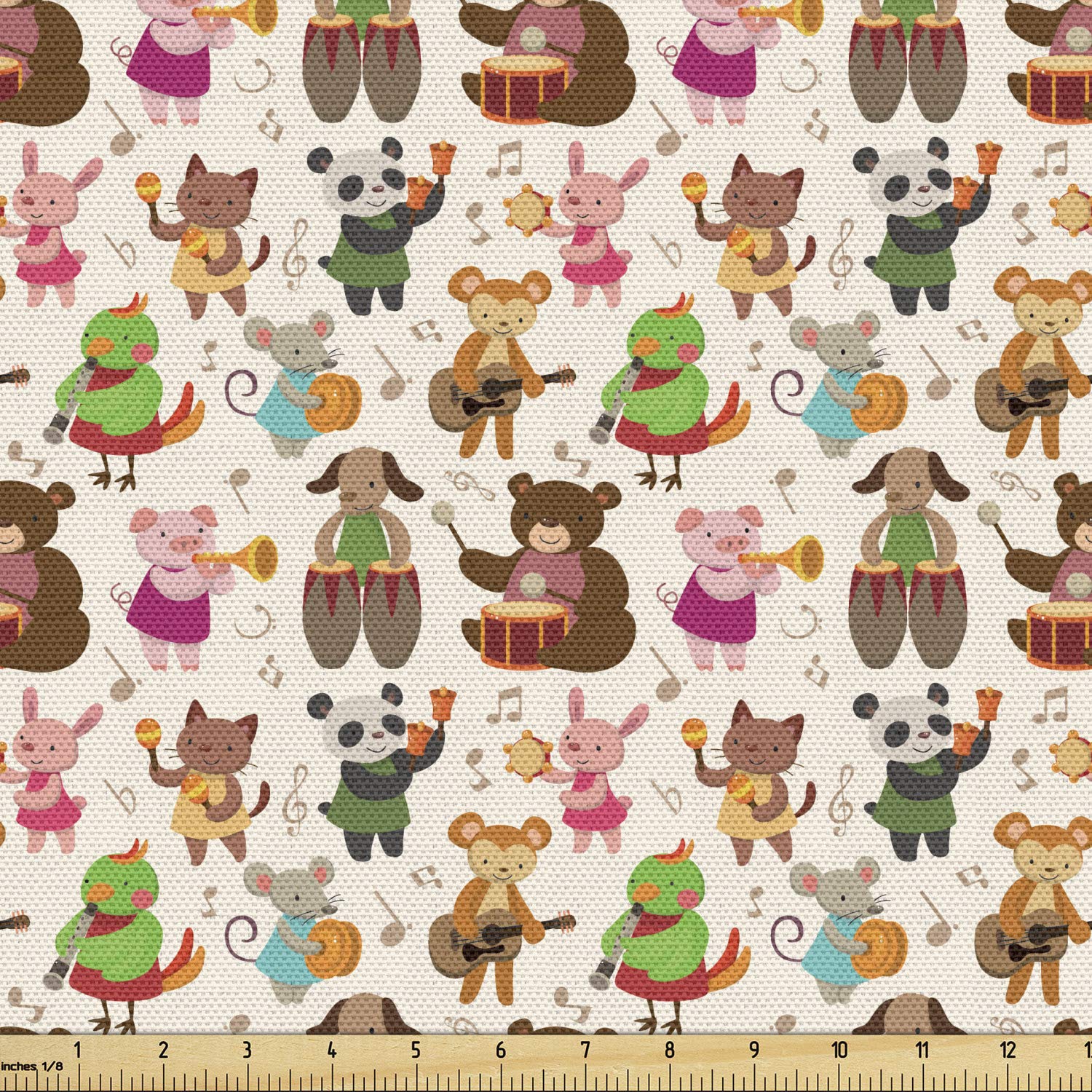 Ambesonne Music Themed Fabric by The Yard - Teddy Bear, Kitty, Fox, Panda Cartoon Band Playing Drums - 10 Yards Multicolor Upholstery Fabric for DIY Home Decor, Curtains, Pillows & Craft Projects