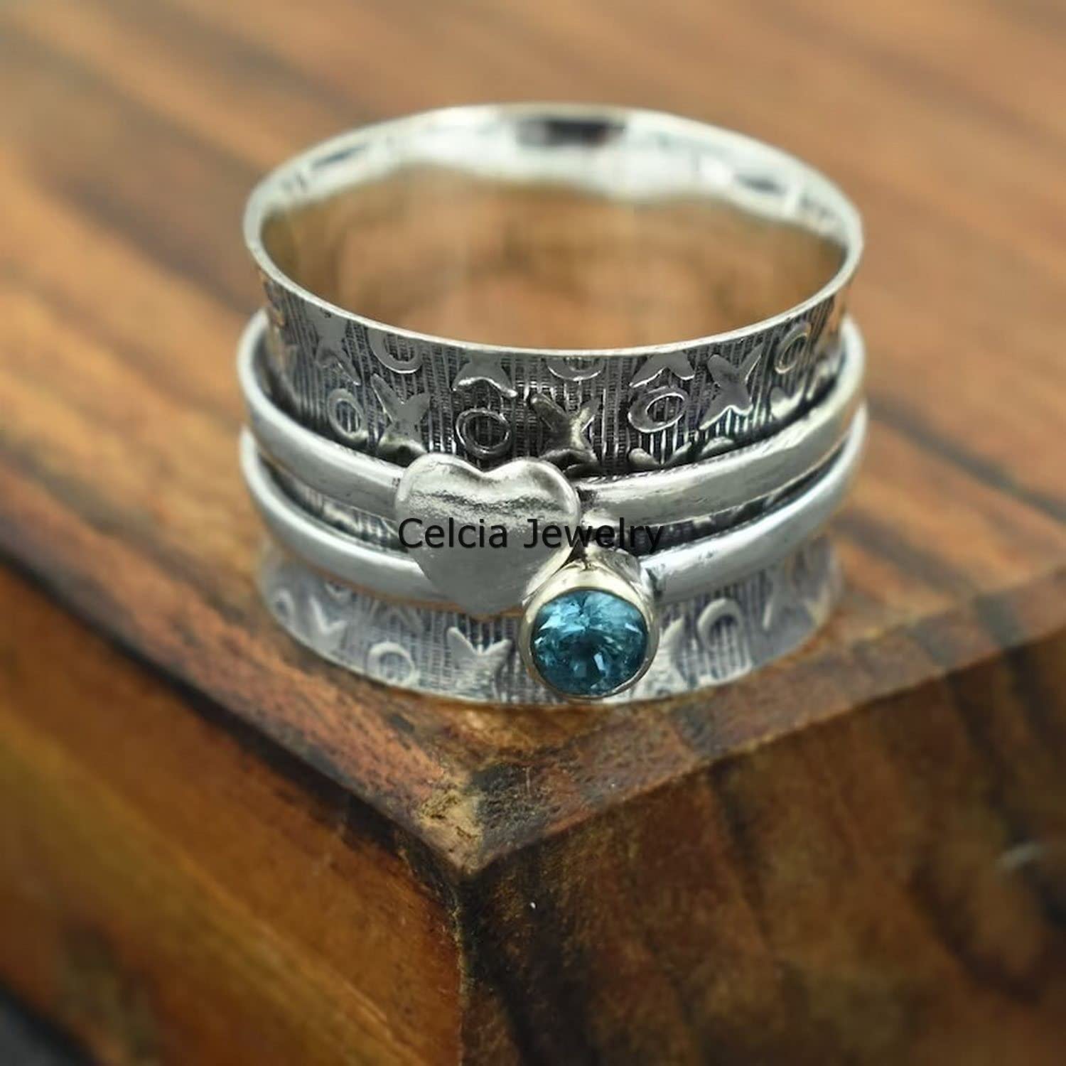 Blue Topaz Gemstone Heart Spinner Ring - Love, Meditation & Fidget Ring for Women & Men | Unique November Birthstone Gift | US Size 7 | Perfect for Stress Relief, Wedding Gifts & Birthday Presents