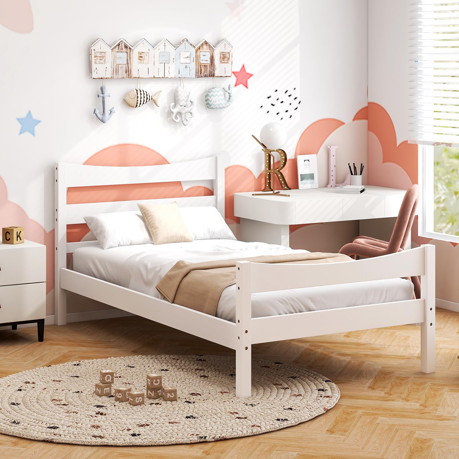 Giantex Solid Wood Twin Bed Frame with Headboard & Footboard - Modern White Platform Bed, No Box Spring Needed, Sturdy Wood Slat Support - Perfect for Kids Bedroom, Guest Room & Small Spaces