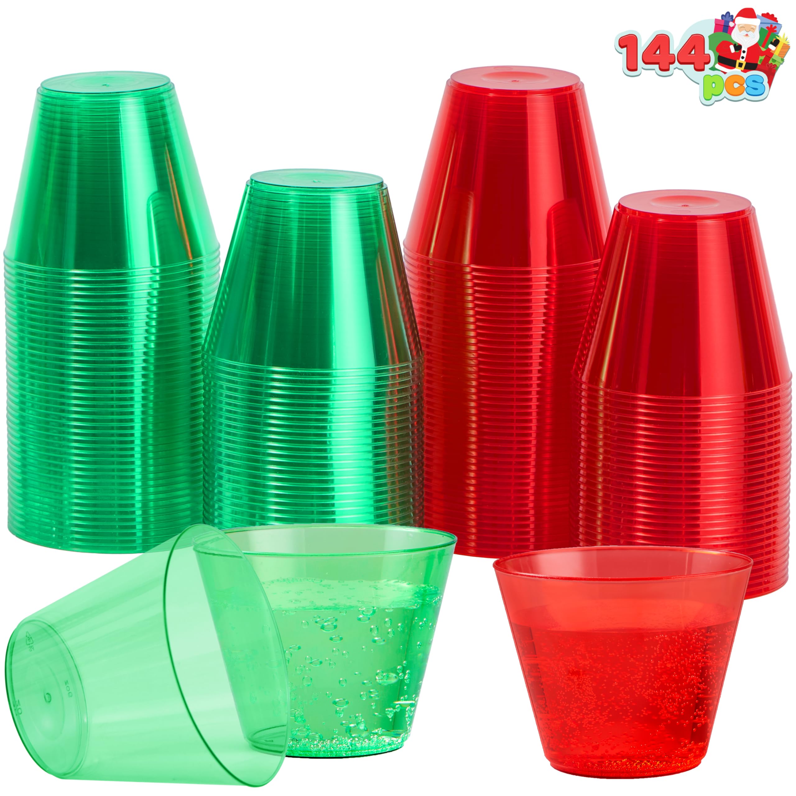 JOYIN 144-Pack Clear 9oz Disposable Plastic Cups - Christmas Red & Green Bulk Drinking Cups, Wine Glasses & Beverage Cups for Holiday Parties, Xmas Dinner, Office Celebrations & Family Gatherings