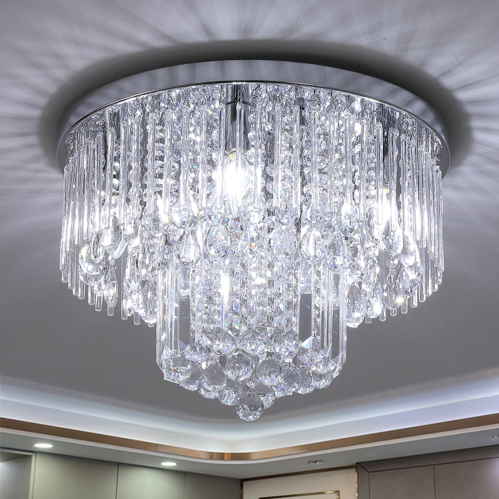 KRASTY K9 Crystal Chandelier Flush Mount Ceiling Light - 5-Light Modern Round Raindrop Crystal Fixture in Chrome Silver for Bedroom, Bathroom, Living & Dining Room - Perfect for Entryway Lighting & Home Decor (D18