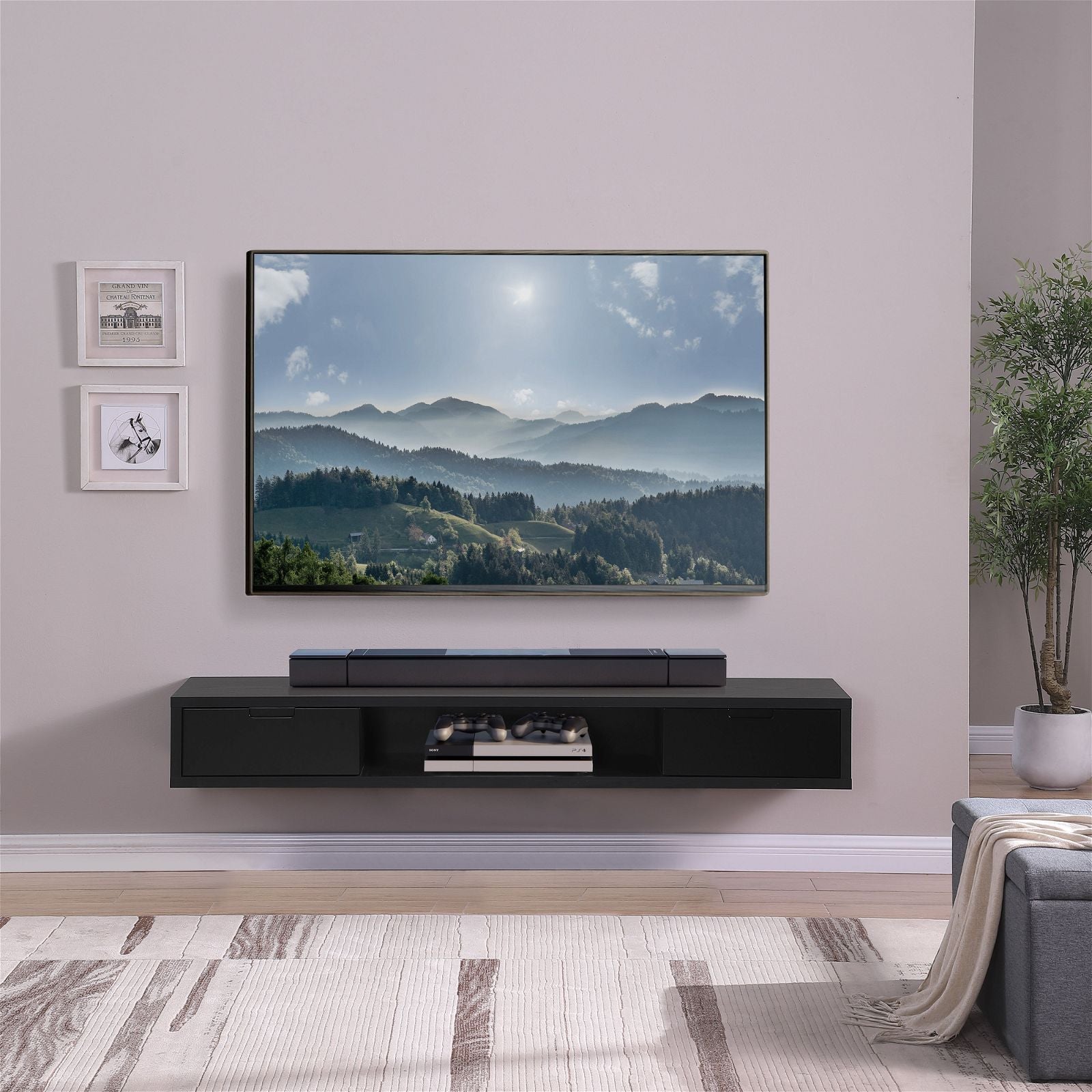 Criterion 1800mm Black Oak Wall Mounted TV Stand - Modern Entertainment Center for Living Room, Bedroom & Home Theater Setup