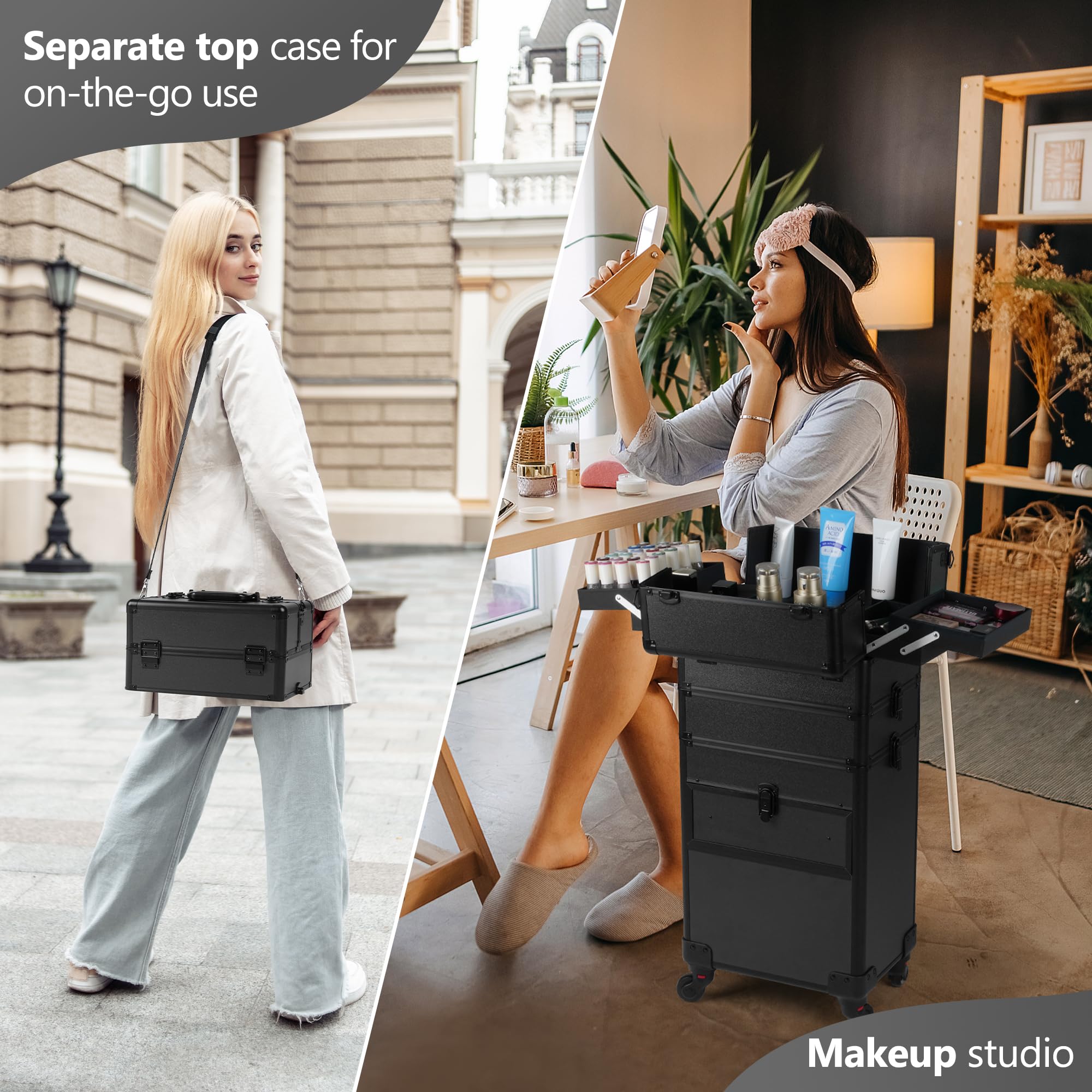 4 in 1 Rolling Makeup Case with Wheels & Drawers - Professional Cosmetic Organizer for Salon, Barber & Travel - Bright Black - Perfect for Mobile Stylists & On-the-Go Beauty Professionals