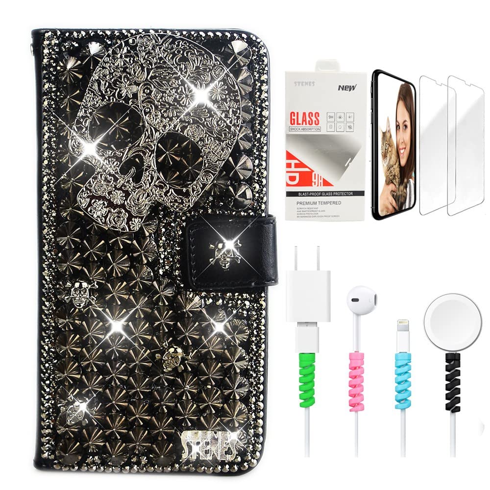 STENES Bling Wallet Phone Case for Moto G Stylus 2021 - 3D Handmade Punk Skull Glitter Magnetic Leather Cover with Screen Protector & Cable Protector - Black | Fashion Accessory for Women Men | Perfect for Parties, Travel & Everyday Use
