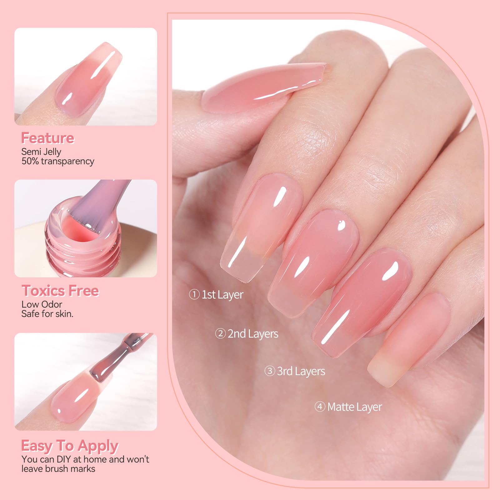 Born Pretty Jelly Pink Gel Nail Polish Set - 6PCS Milky Natural Nude Sheer Translucent Gel Polish Kit for DIY Nail Art & Home Manicure | Perfect for Everyday Wear, Bridal Nails & Salon-Quality Results at Home