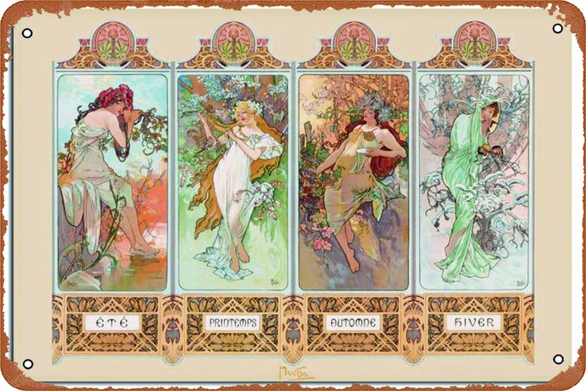 Mucha 4 Seasons Vintage Metal Tin Sign - 12x8 Inch Retro Wall Art for Home, Bar & Coffee Shop Decor - Perfect for Living Room, Kitchen & Office Wall Decoration