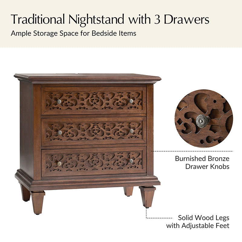 3-Drawer Nightstand with Built-In USB Outlets & Power Strip - Modern Bedside Table for Charging Devices - Perfect for Bedrooms, Guest Rooms & Small Spaces