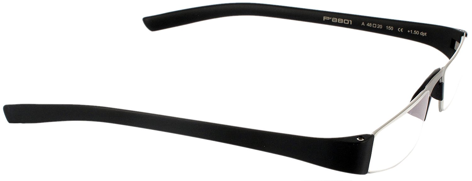 Porsche 8801 Titanium Black Half Frame Reading Glasses +2.50 Strength - Stylish Single Vision Readers for Men & Women - Perfect for Reading, Office Work & Computer Use
