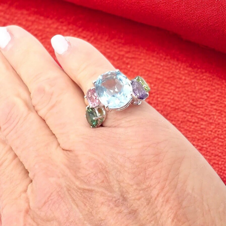 Authentic Asprey Chaos 18k White Gold Ring with Topaz, Tourmaline, Peridot & Amethyst | Luxury Statement Jewelry for Weddings, Anniversaries & Special Occasions