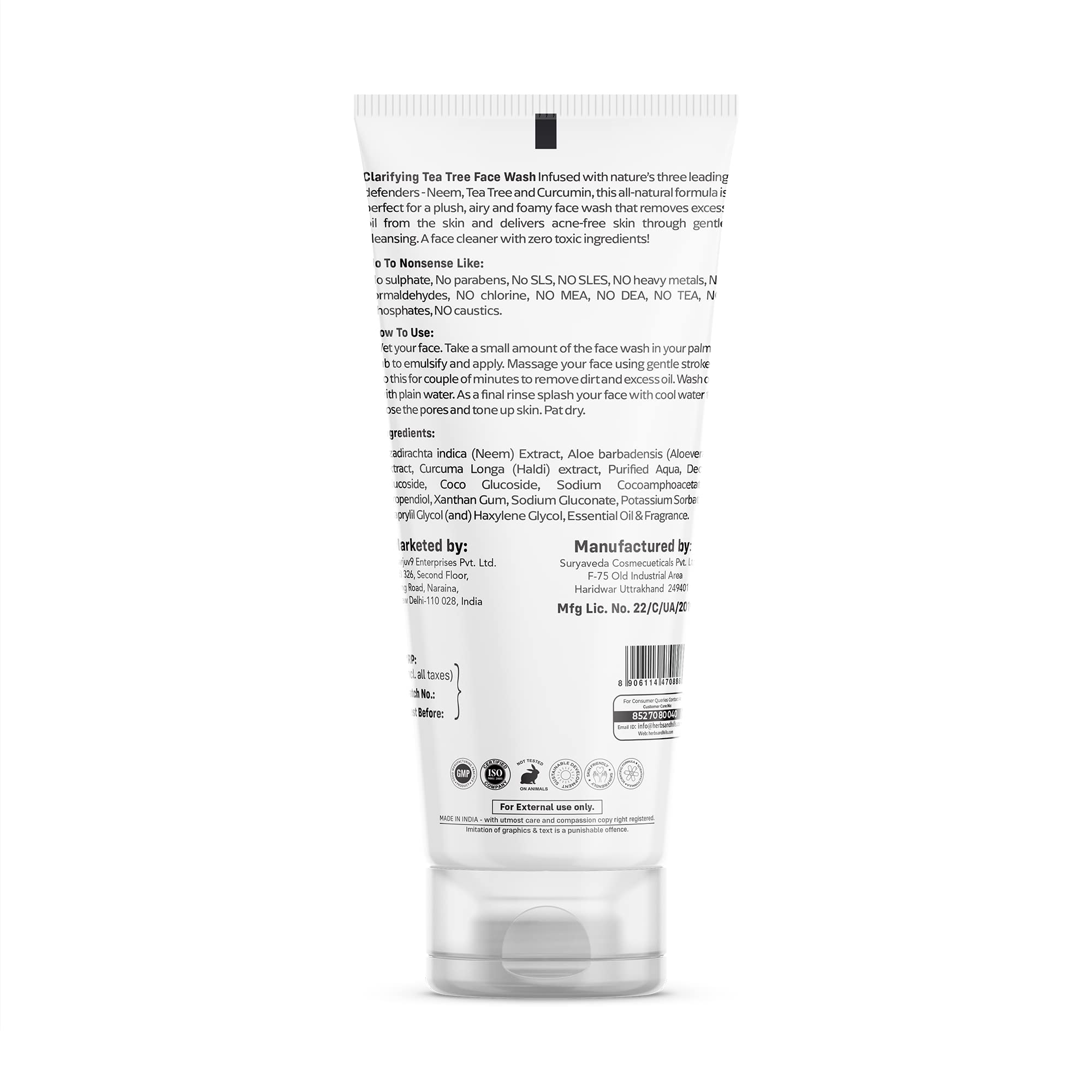Herbs & Hills Clarifying Tea Tree Face Wash 100ml - Organic & Natural Anti-Acne Cleanser for Oily Skin | Helps Clear Excess Oil, Remove Impurities & Prevent Breakouts | Soothes Skin Irritation | Perfect for Daily Skincare Routine & Acne-Prone Skin Care
