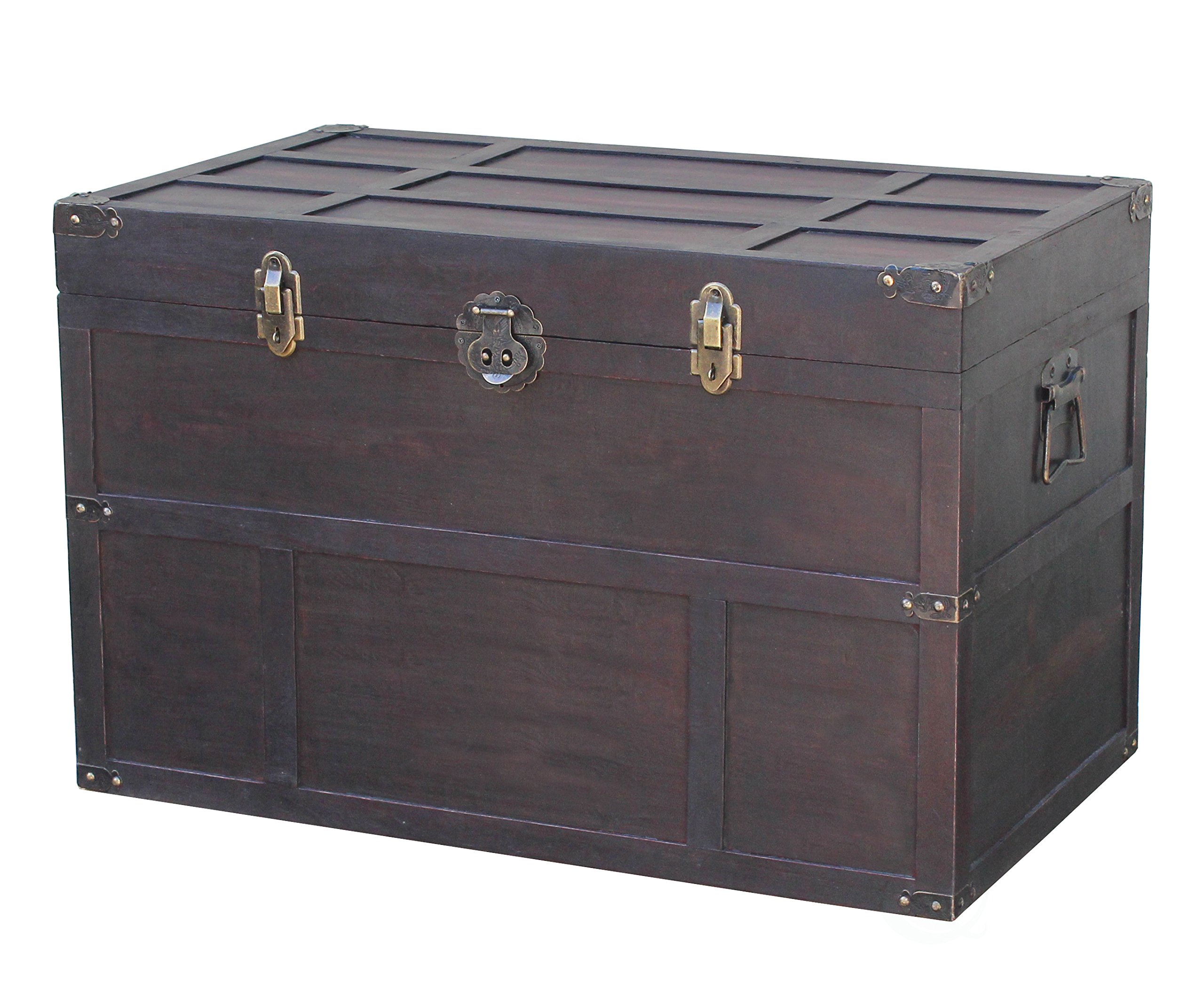 Antique Style Wooden Steamer Trunk - Vintage Wood Storage Chest with Leather Straps & Metal Accents for Home Decor, Travel, or Wedding Props | QI003041LNEW by Vintiquewise