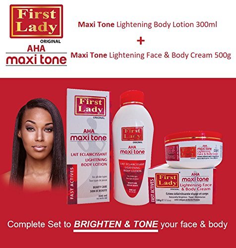 First Lady AHA Maxi Tone Skin Lightening Set - Brightening Body Lotion 300ml, Whitening Face Cream 500g, Cleansing Foam Wash 200ml, Exfoliating Soap 200g & Hydrating Serum 60ml for Even Skin Tone & Glowing Complexion | Perfect for Daily Skincare Routine & Hyperpigmentation Treatment