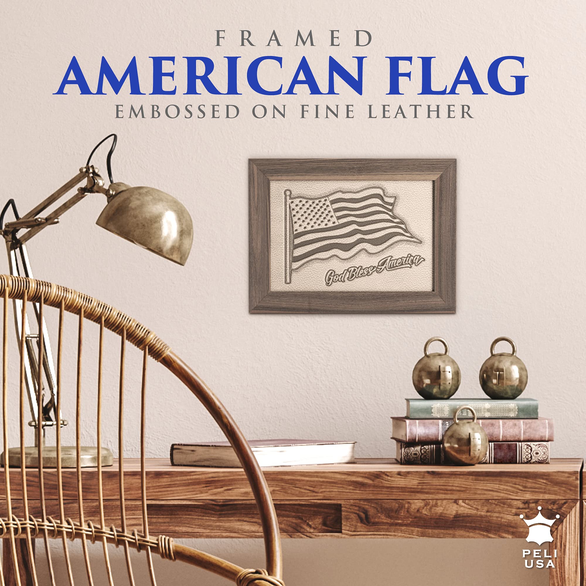 Premium Framed American Flag Wall Art - Handcrafted Embossed Leather USA Flag in Solid Wood Frame - Patriotic Home & Office Decor - Made in USA - Perfect for Living Room, Bedroom, or Office Display