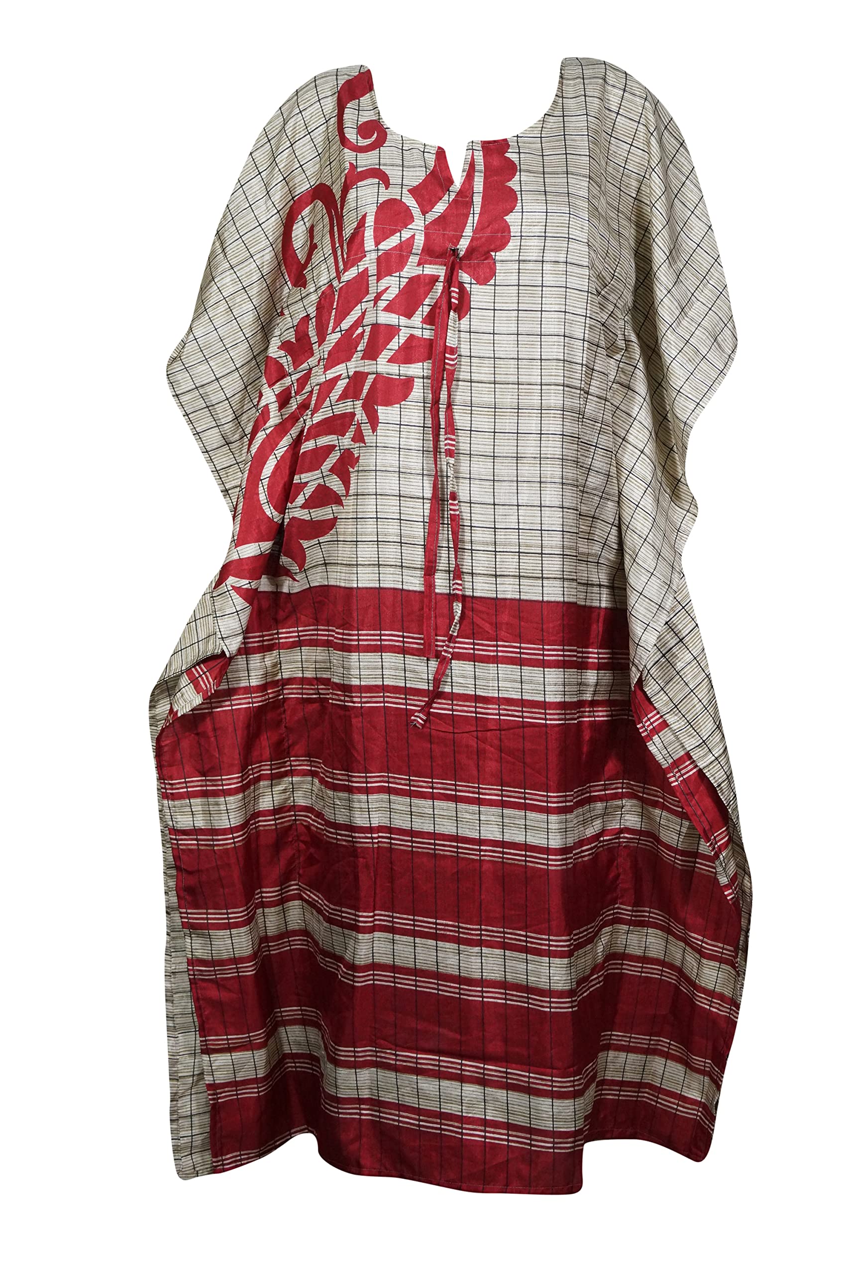 Eco-Friendly Women's Maxi Beach Kaftan Dress - Recycled Sari Fabric in Gray & Red - XL Size | Perfect for Summer Vacations, Poolside Lounging & Boho Fashion