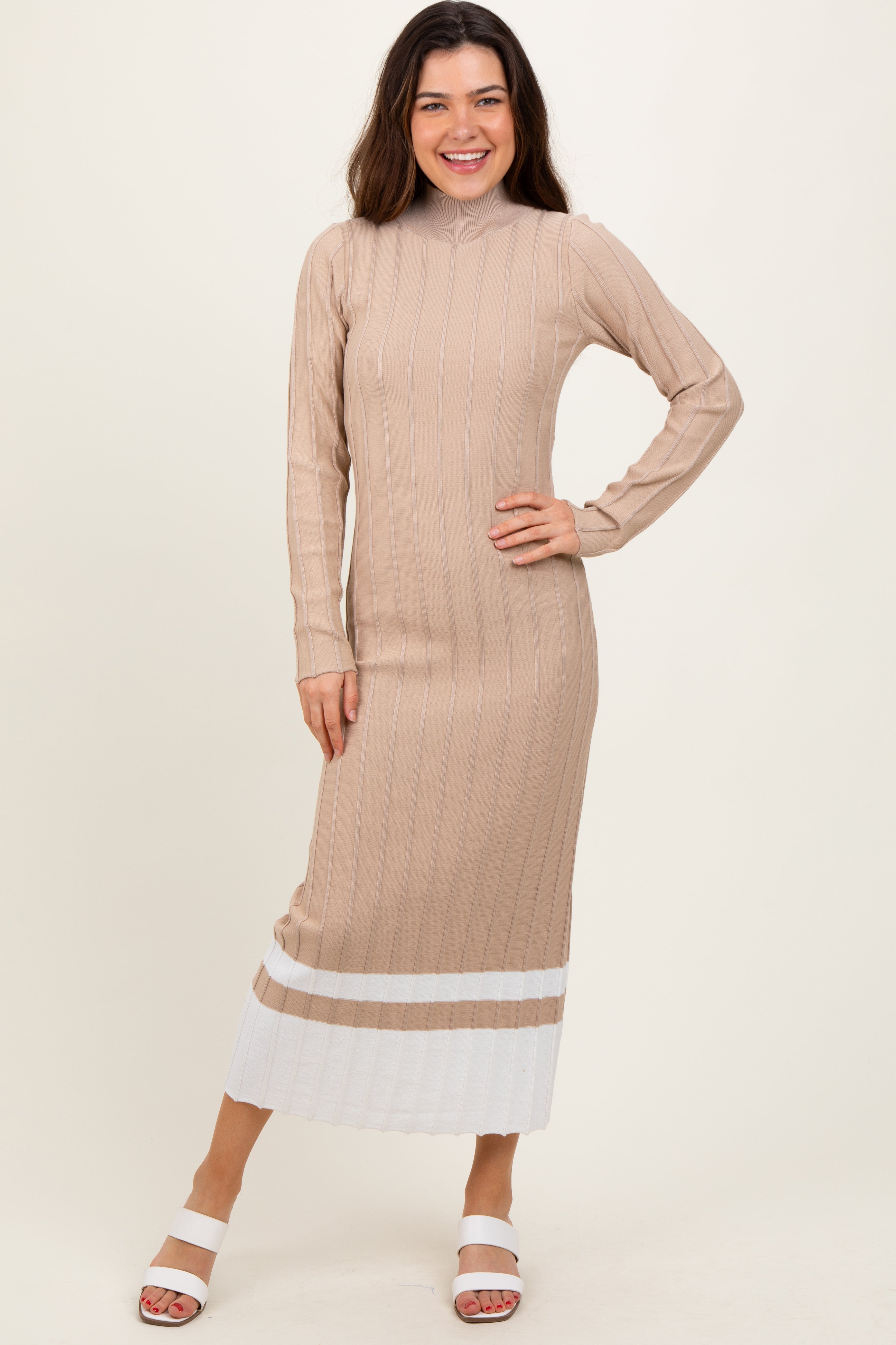 Beige Colorblock Hem Mock Neck Maternity Sweater Dress for Pregnancy - Cozy & Stylish Outfit for Baby Showers, Maternity Photos & Winter Comfort