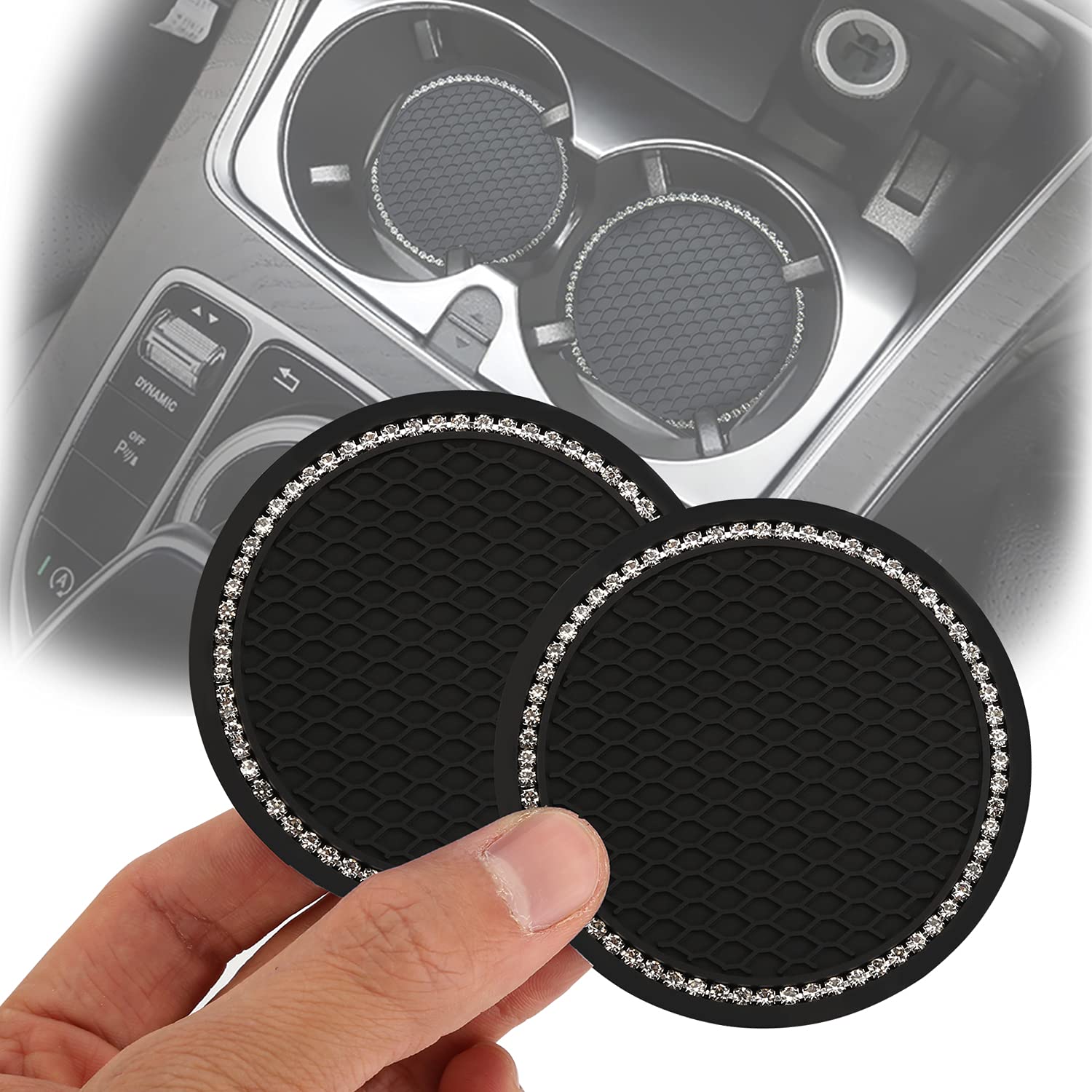 JEMAATX 2 Pack Bling Car Cup Coasters with Holder - Anti Slip Crystal Cup Mats for Women, 2.75 Inch Diameter, Black (JMT-4789) - Perfect for Car Interior Accessories & Drink Protection