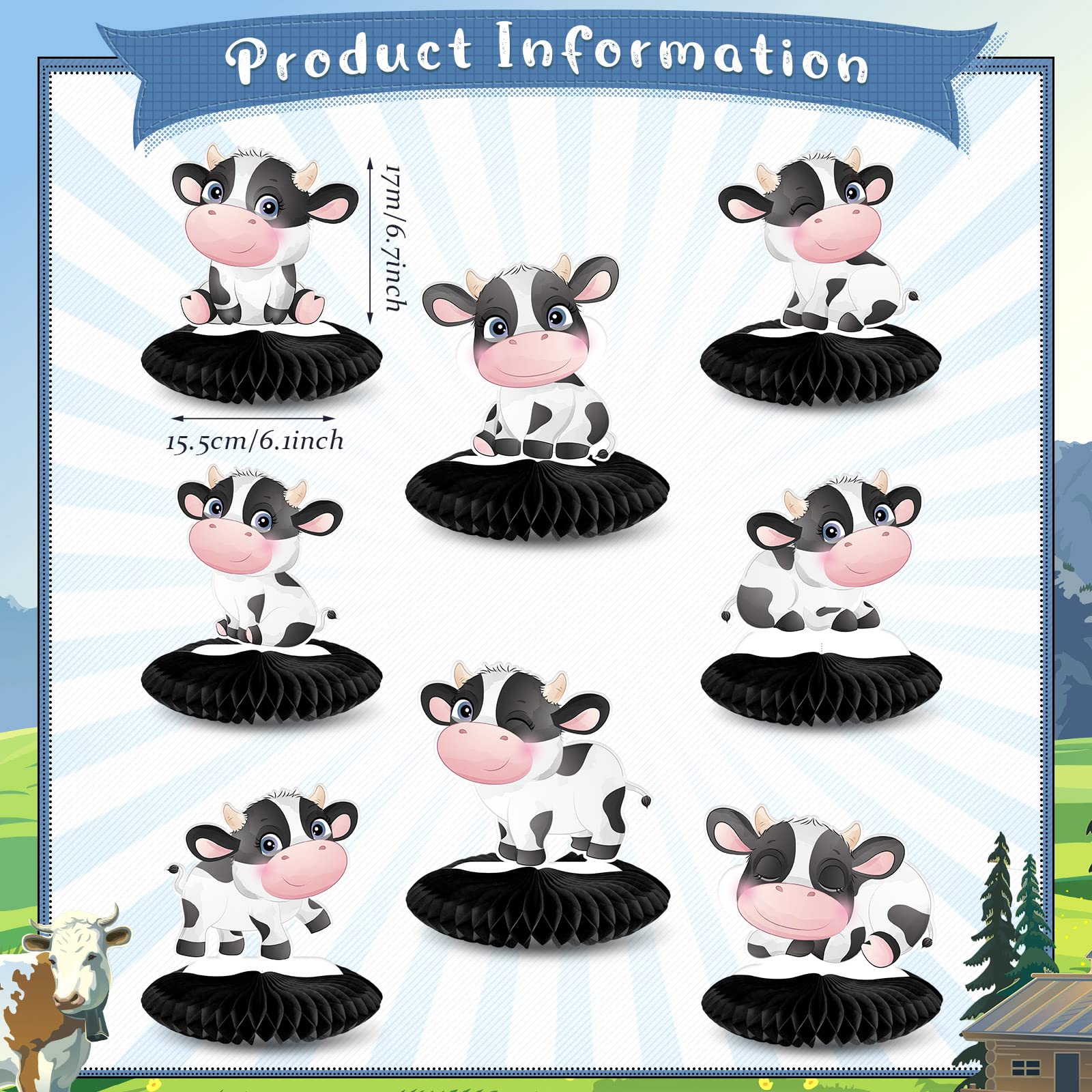 Outus 8-Piece 3D Cow Honeycomb Centerpieces for Farm Animal & Western Theme Parties - Perfect for Birthday Decorations, Table Centerpieces, and Barnyard Party Supplies