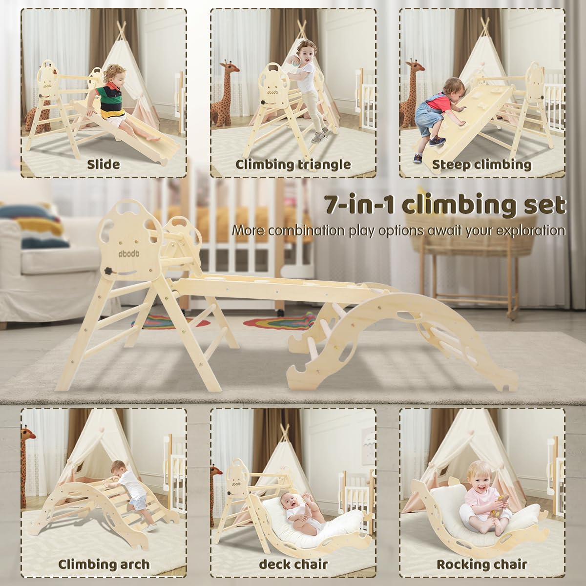 **Montessori Pikler Triangle Set 7-in-1 - Foldable Wooden Climbing Toy for Toddlers 18 Months to 6 Years - Indoor Jungle Play Gym with Ramp, Arch & Ladder - Perfect for Home Playrooms & Daycare Centers**