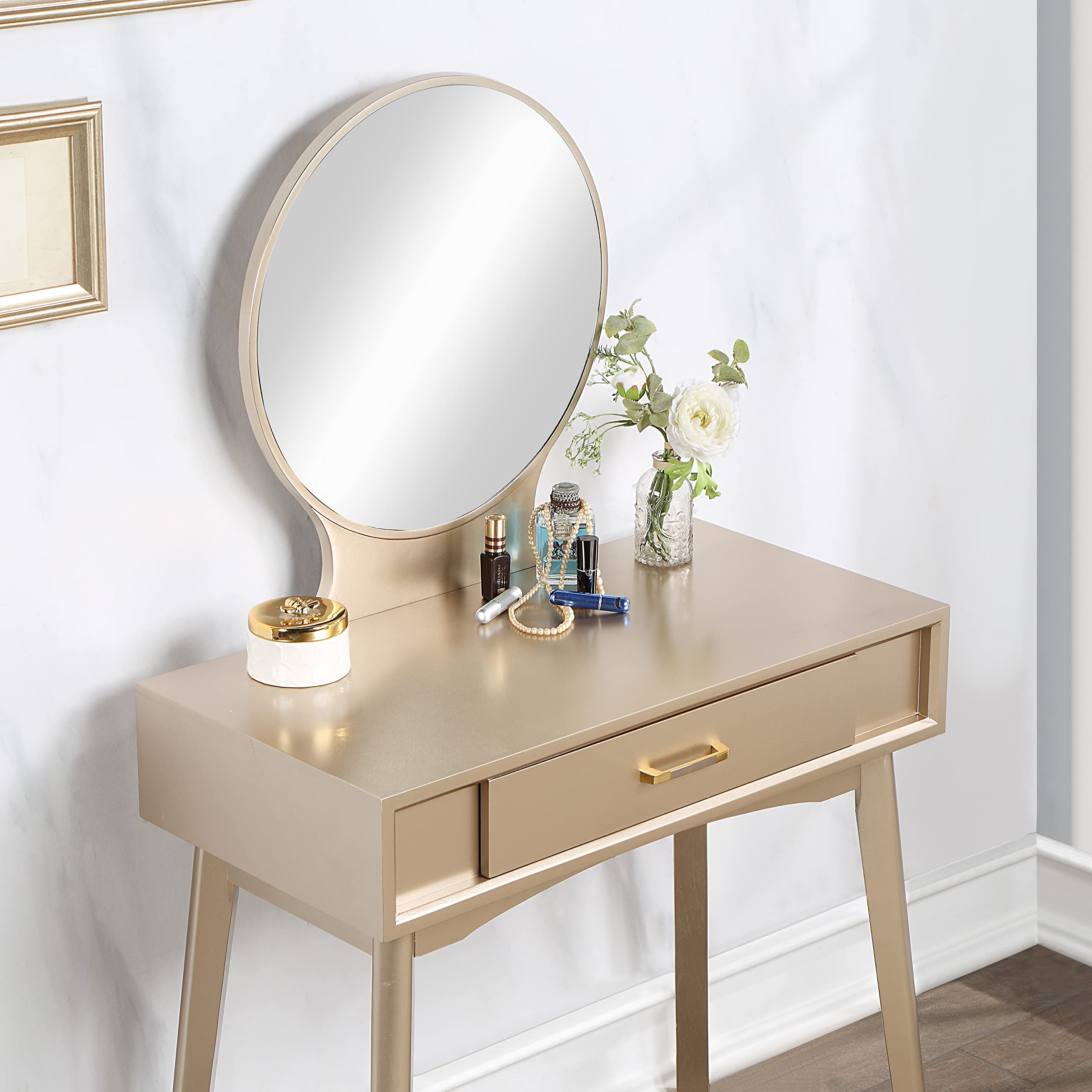 Roundhill Furniture Maly Contemporary Wood Vanity and Stool Set with Mirror in Gold - Perfect for Bedroom, Bathroom & Dressing Room Makeup Vanity Set