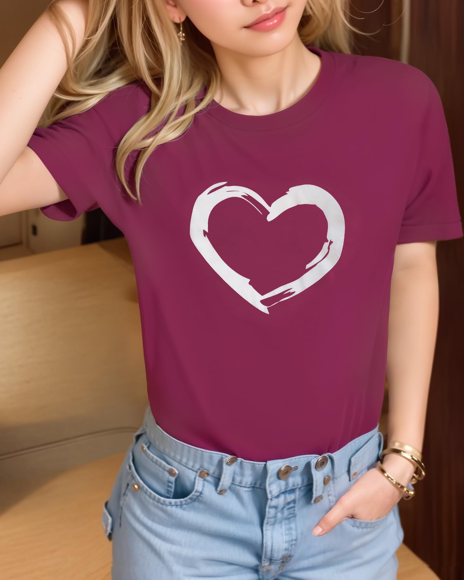 HERLOLLYCHIPS Women's Cute Heart Graphic Crewneck Short Sleeve T-Shirt - Regular Fit Casual Top for Everyday Wear, Dating & Weekend Outfits
