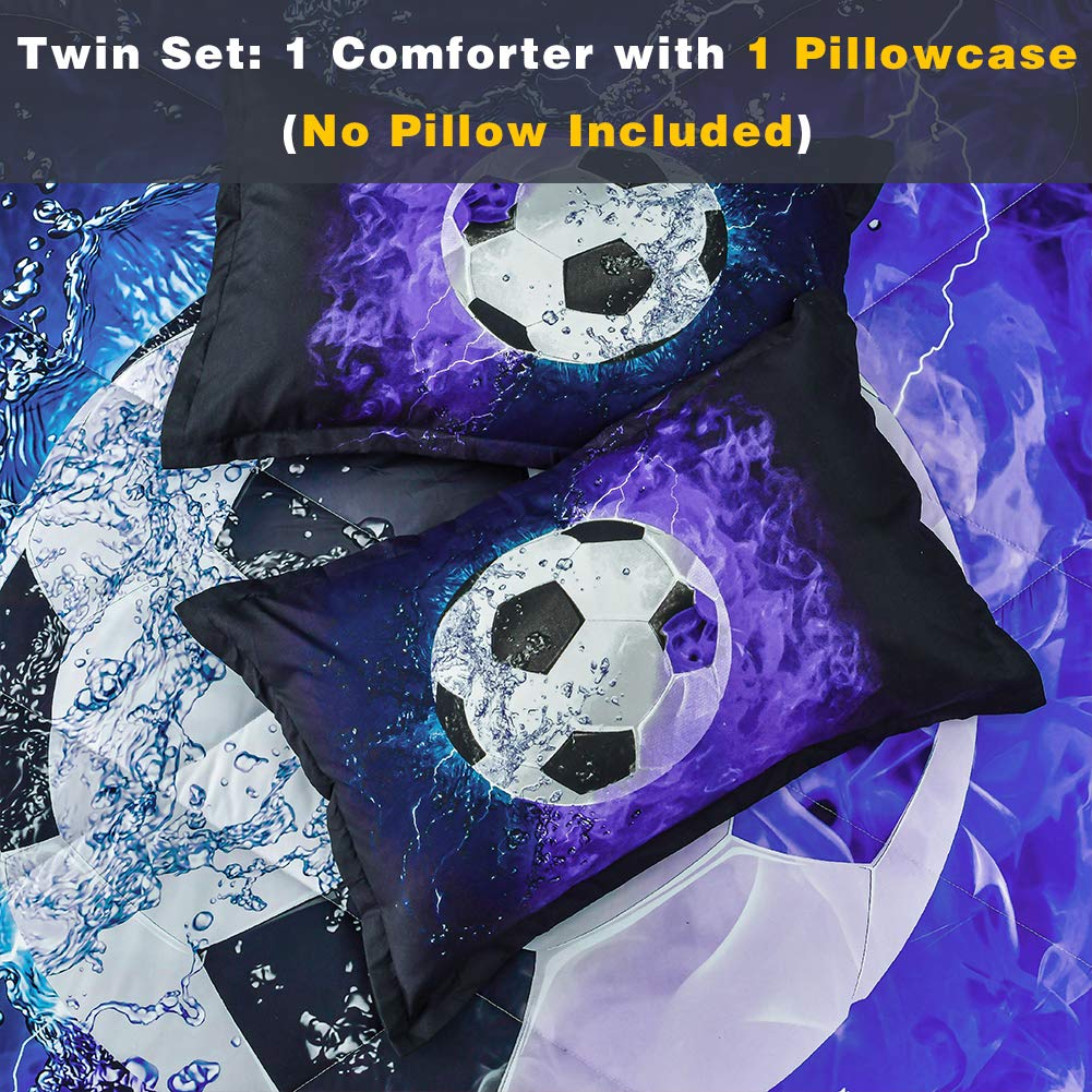 Andency Twin Soccer Comforter Set (66x90 Inch) - 2 Piece Blue Flame Soccer Bedding with Pillowcase | Soft Microfiber Sports Themed Comforter for Boys, Girls, Kids & Teens | Perfect for Bedrooms, Dorms, Sleepovers & Soccer Fans