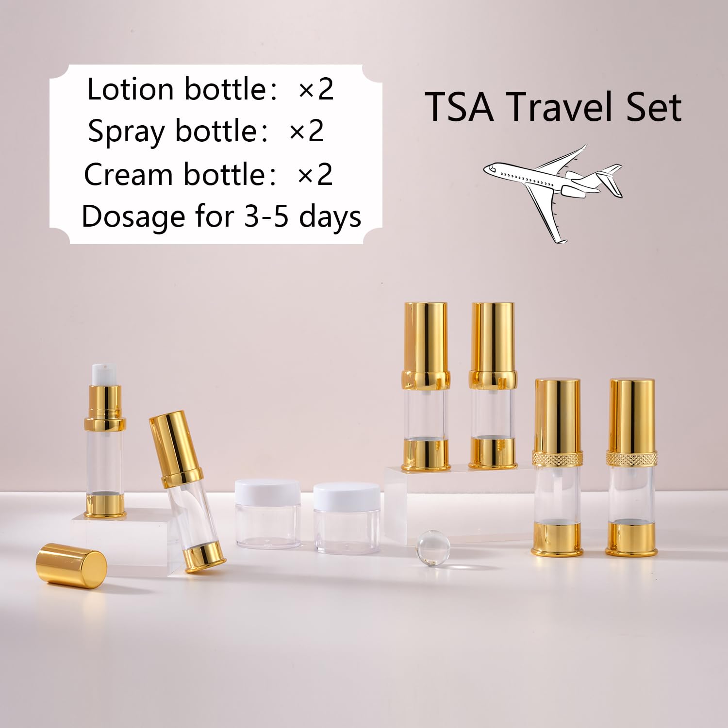 Golden Airless Cosmetic Pump Bottles 8-Piece Set - Refillable Travel Size Bottles with Cosmetic Bag | Leak-Proof for Skincare, Lotion & Serum | Perfect for Travel, Gym & Daily Beauty Routine