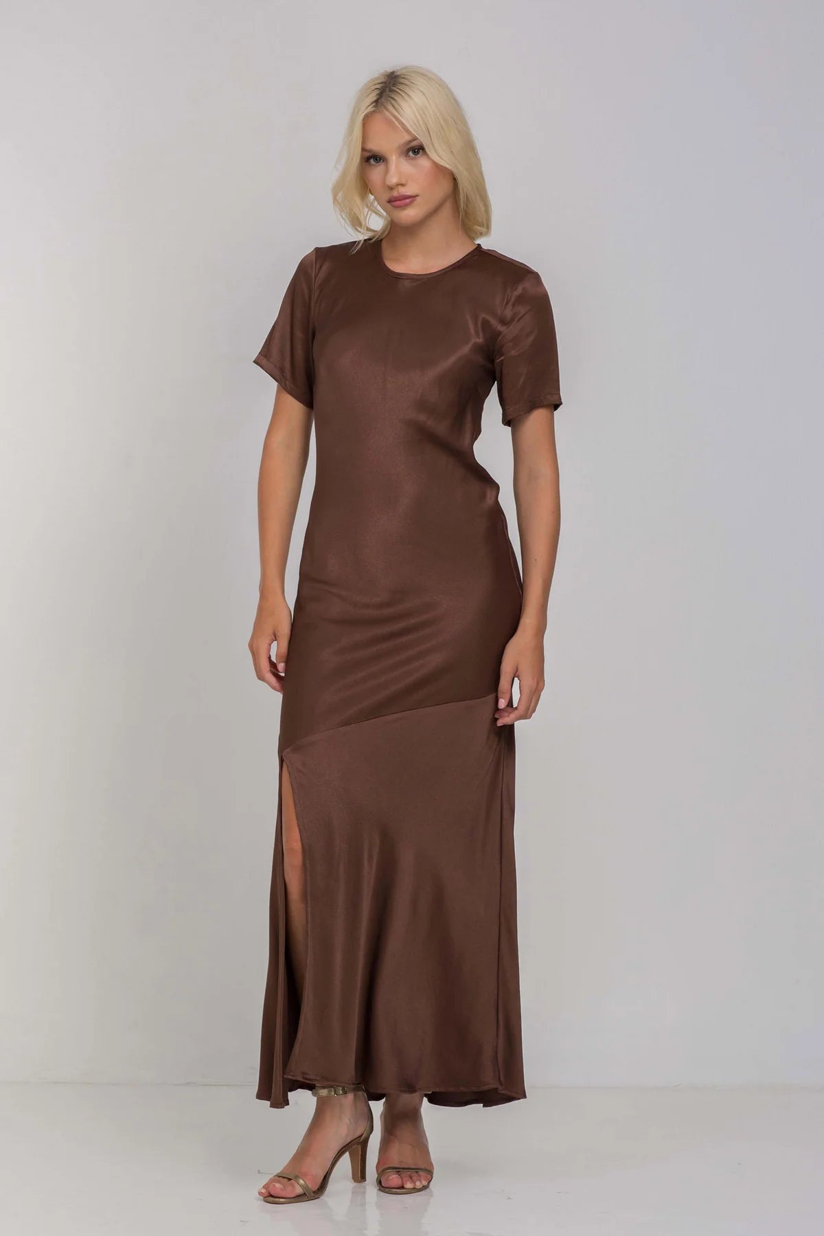 Elegant SS Satin Maxi Dress for Women | Romantic Chocolate Brown Long Dress | Perfect for Date Nights, Weddings & Special Occasions