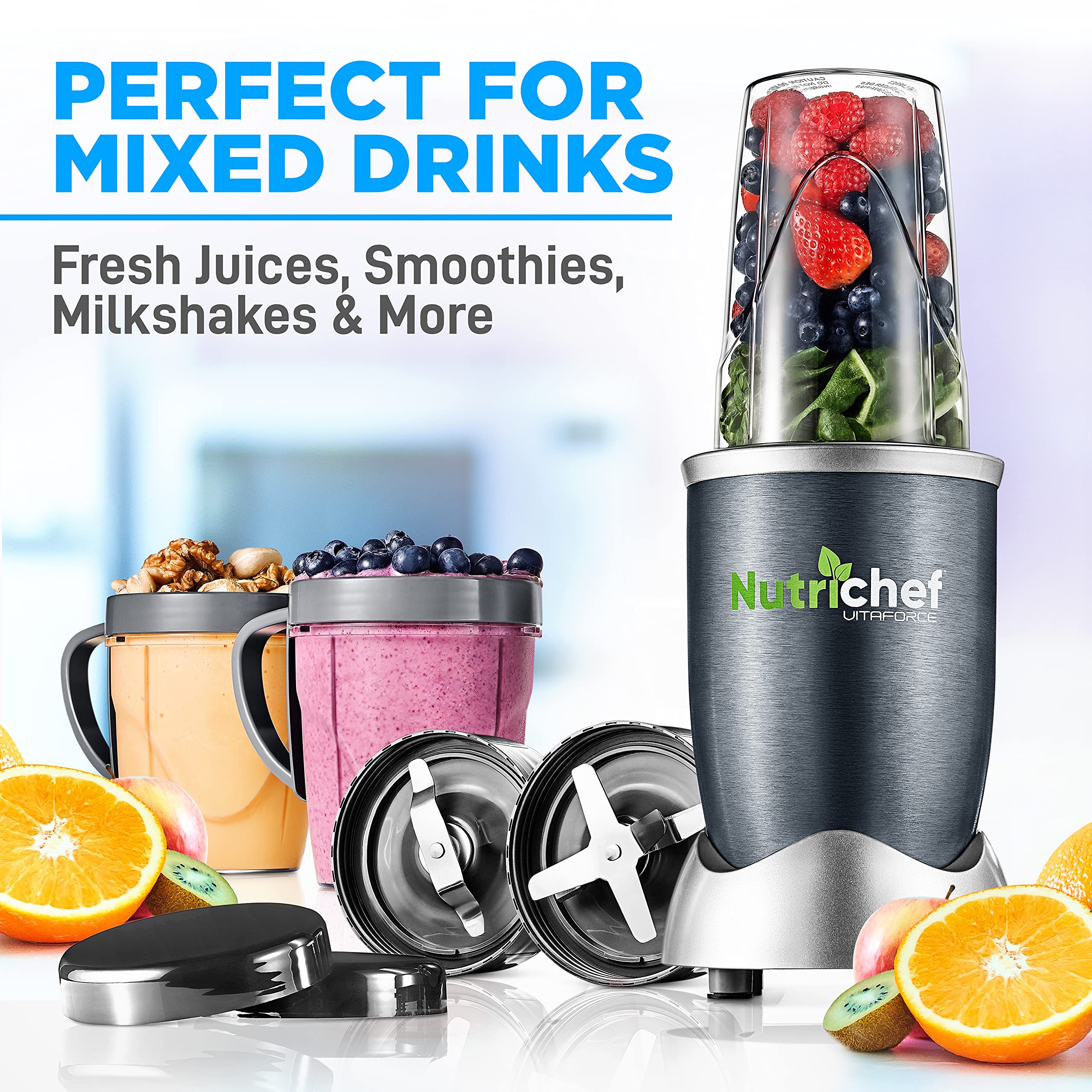 NutriChef NCBL60 600W Personal Electric Blender - Single Serve Mini Blender for Smoothies, Shakes & Protein Drinks - Compact Countertop Blender with Pulse Function, Travel Cups (10oz & 20oz) - Perfect for Kitchen, Office & Gym Use