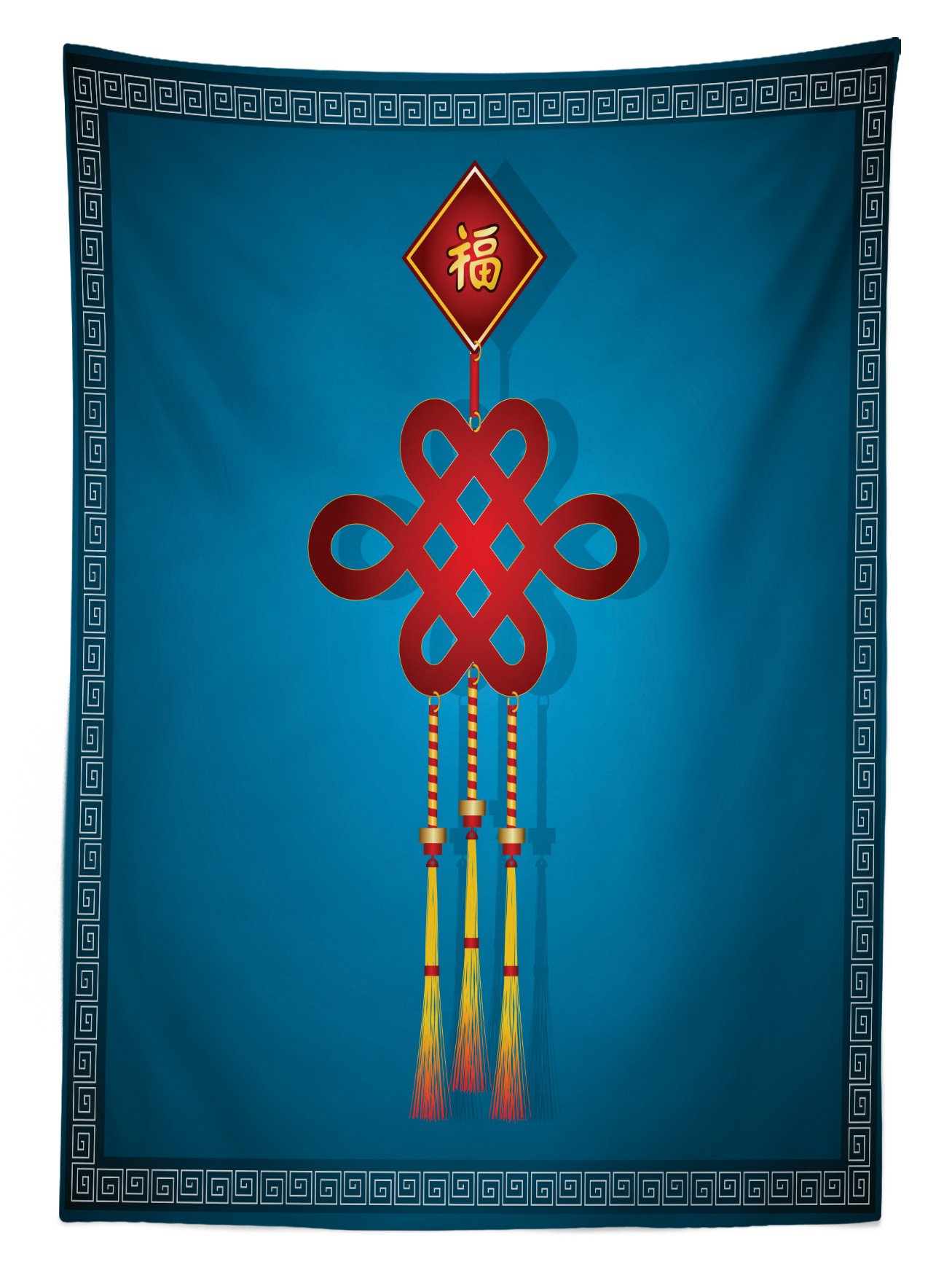 Ambesonne Chinese New Year Tablecloth - Traditional Festival Themed Hanging Knot Swirl Border Design, Washable Decorative Picnic Table Cover 58x104 Inches, Yellow Blue Red - Perfect for Lunar New Year Celebrations, Outdoor Dining & Holiday Decorations