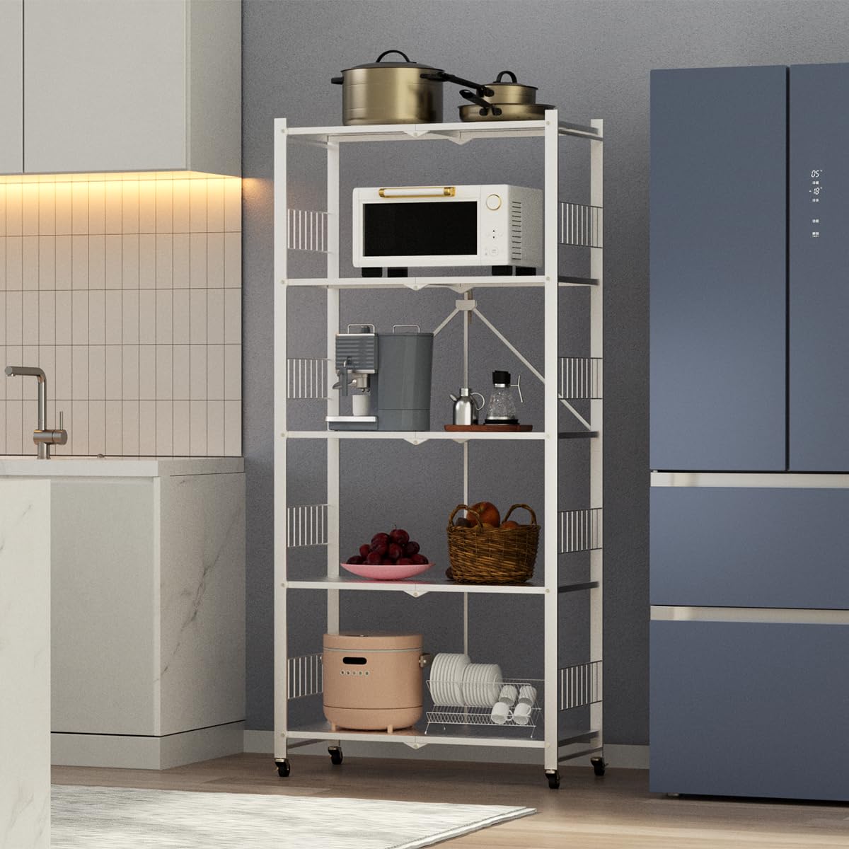 5-Tier Metal Folding Storage Shelves with Wheels - Collapsible Rolling Shelf Unit for Garage, Kitchen, Pantry & Closet Organization (No Assembly Required)