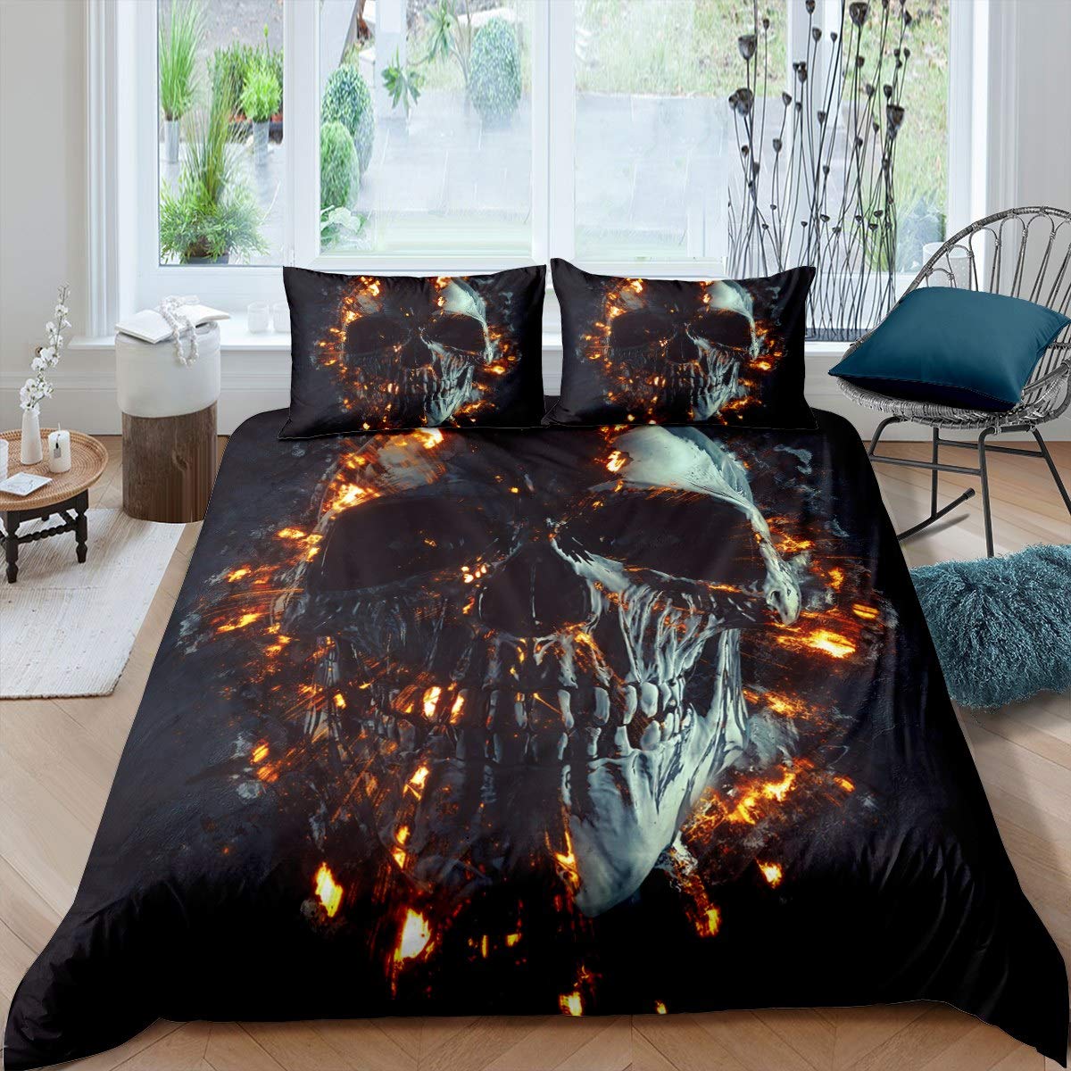Gothic Skull Duvet Cover Set Twin Size - Fire Flame Design Bedding for Kids & Teens - Scary Skeleton Comforter Cover with Pillowcase - Halloween & Gothic Decor - Perfect for Boys & Girls Rooms, Halloween Parties, Sleepovers & Dark Aesthetic Bedroom Makeovers - Ideal for Themed Bedrooms, Spooky Sleepovers & Gothic Home Decor - Great for Halloween Decorations, Gothic Themed Rooms, Teen Bedroom Makeovers & Unique Gift Ideas