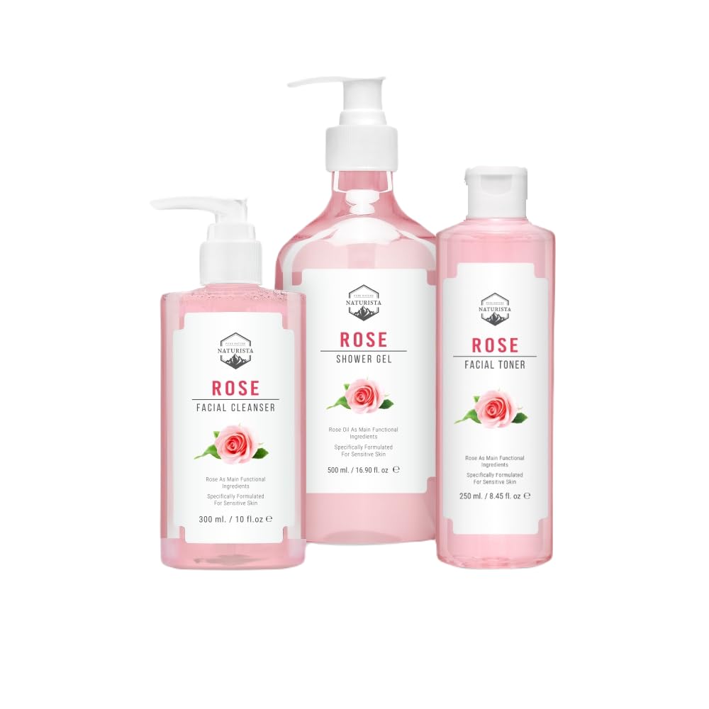 NTRT Rose Skincare Set - 250ml Rose Facial Toner, 300ml Rose Facial Cleanser & 500ml Rose Shower Gel for Hydration & Glow - Perfect for Daily Face & Body Care Routine