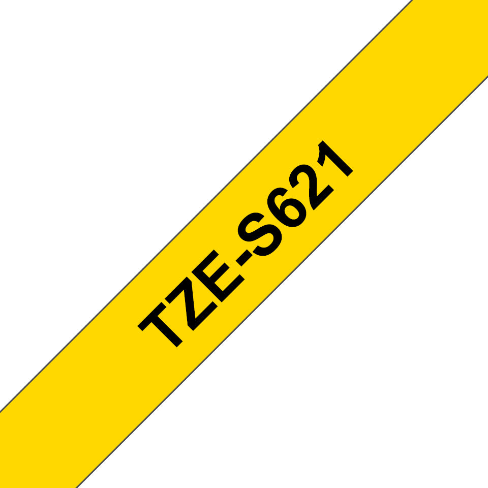 Brother TZe S621 Extra Strong Adhesive Labeling Tape - 9mm x 8m, Yellow Tape with Black Font - Perfect for Office Organization, Shipping Labels & Industrial Use
