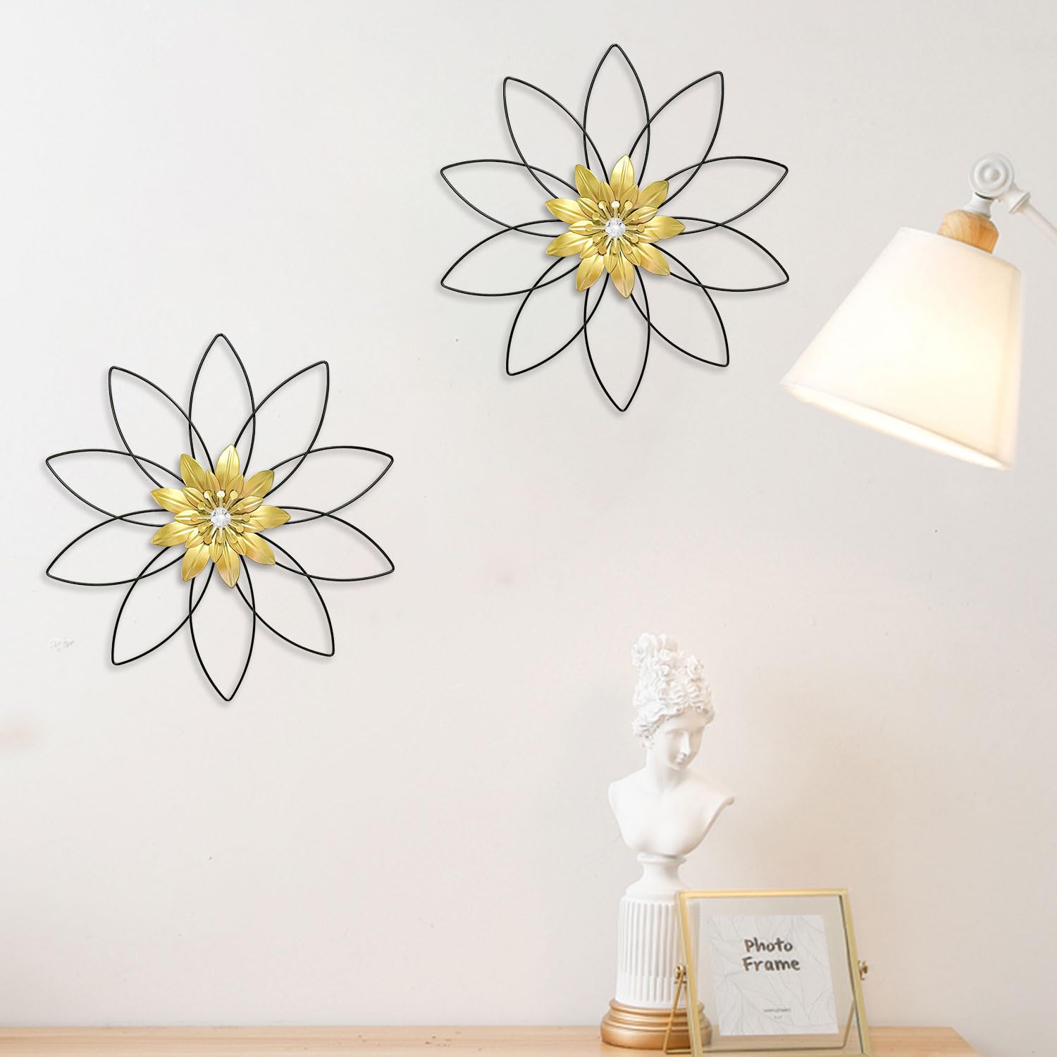 2 Pack Black Metal Flower Wall Decor Sculpture - Elegant Patio, Balcony, Living Room, Bathroom, Bedroom & Dining Room Wall Art - Perfect for Home & Office Decor