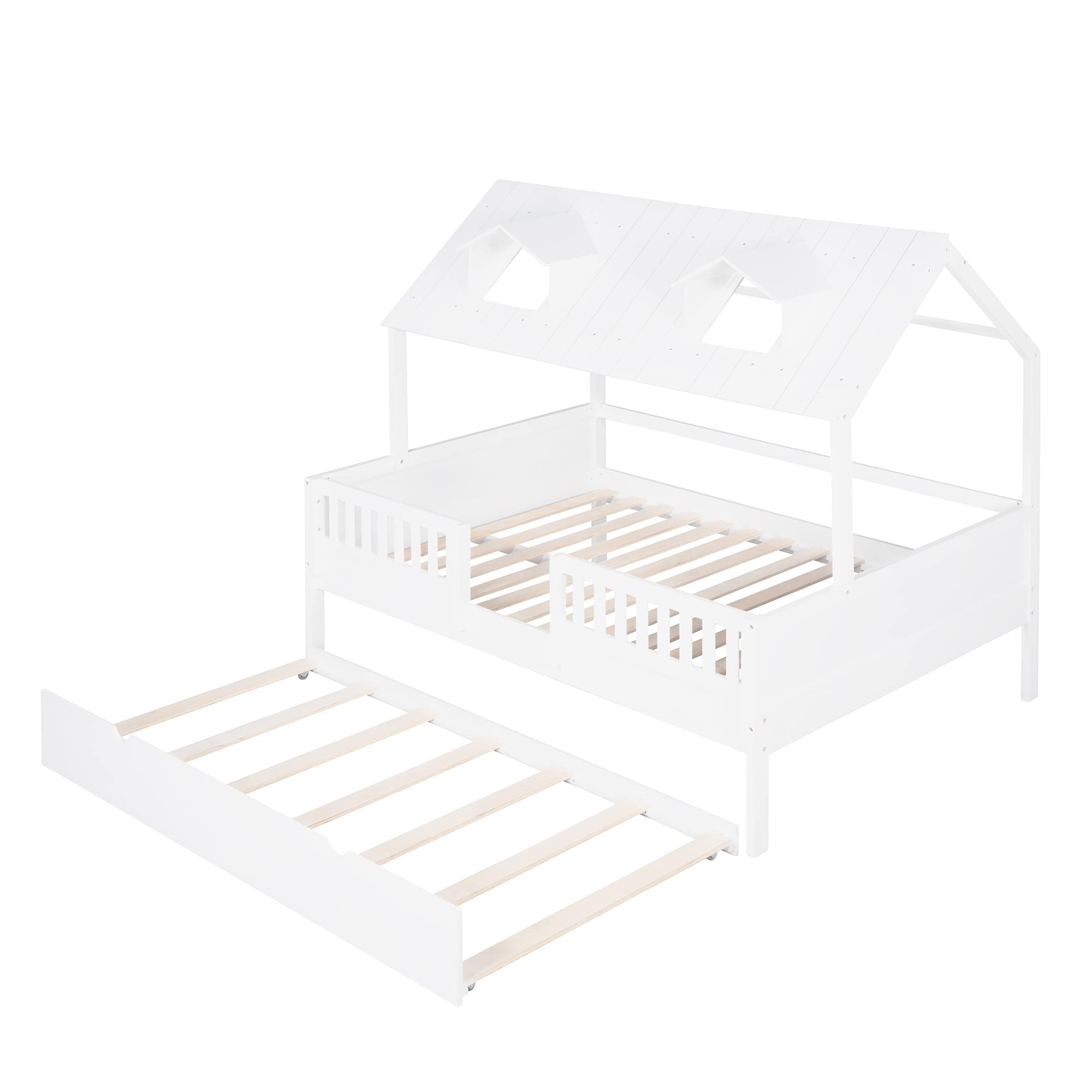 MERITLINE Full House Bed with Trundle - White Wooden Platform Bed Frame with Roof for Kids, Teens, Boys & Girls - Perfect for Small Bedrooms, Playrooms & Sleepovers