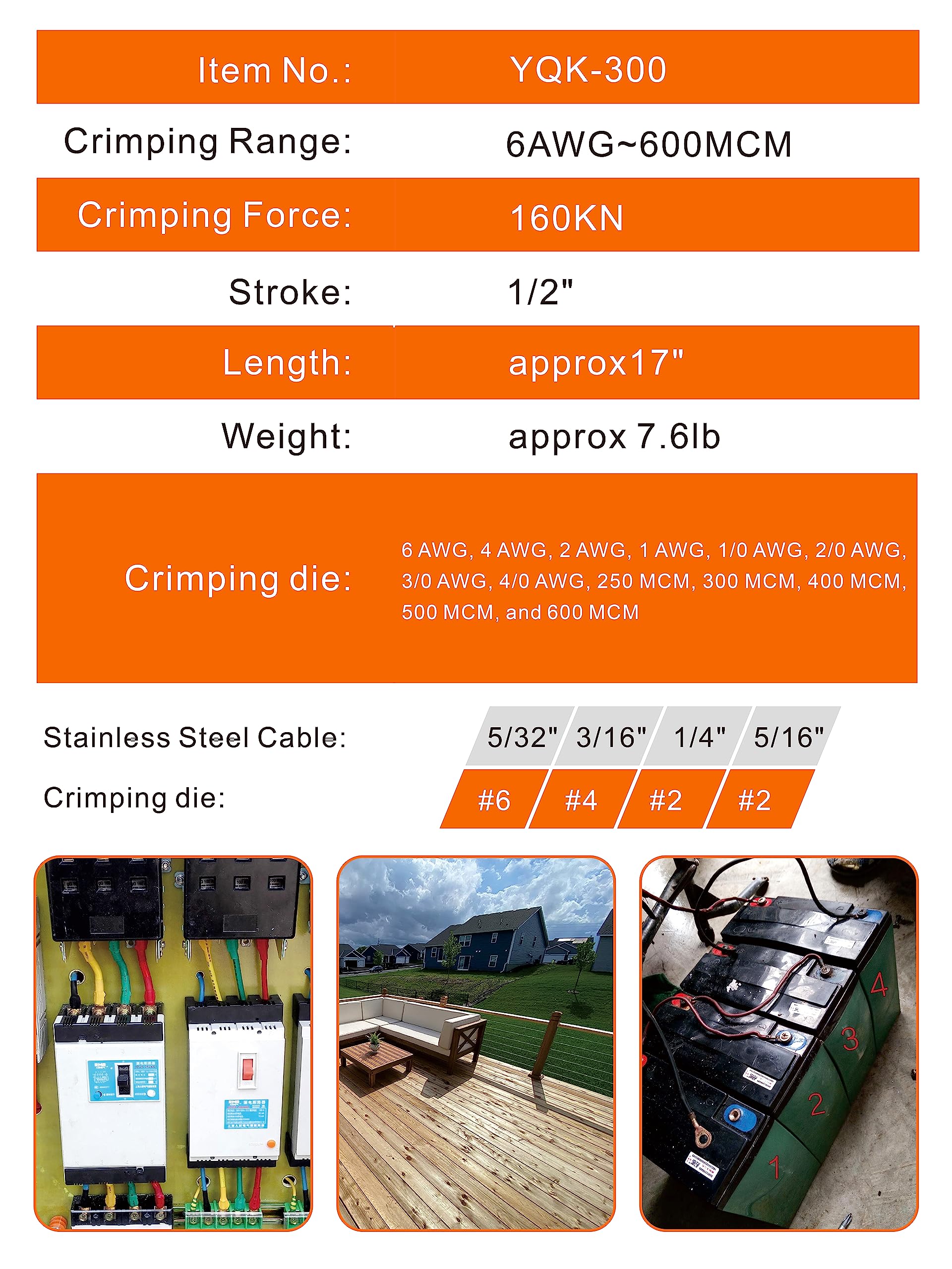 16 Ton Hydraulic Wire Crimper Tool with 13 Pairs Standard US Dies - Crimps 6 AWG to 600 MCM Battery Cables & Lugs | Professional Electrical, Automotive & Marine Wiring Applications