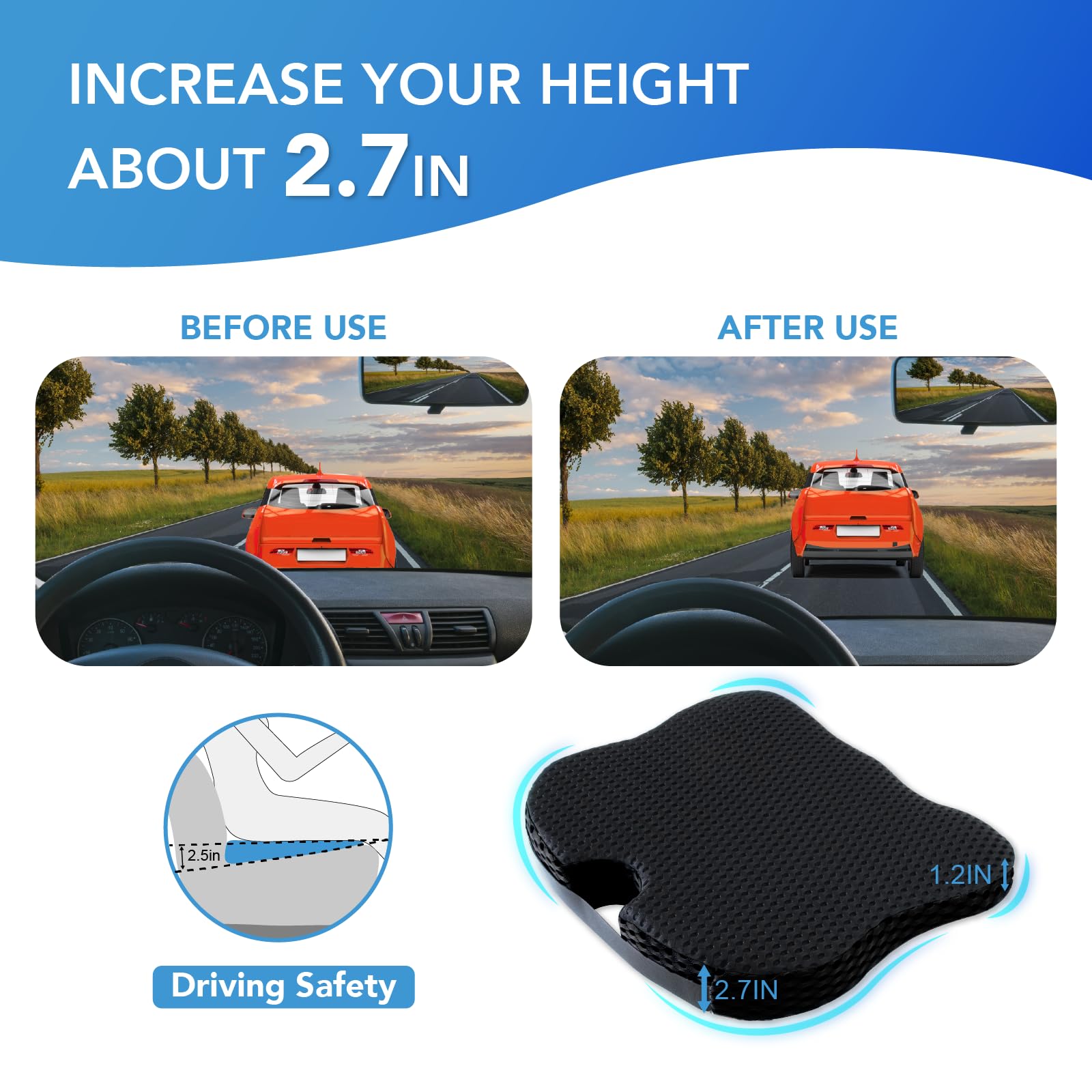 Premium Memory Foam Car Seat Cushion for Long Drives - Ergonomic Back & Hip Support - Universal Fit for Cars, Trucks & Office Chairs (Black) | Perfect for Commuting, Road Trips & Work Comfort