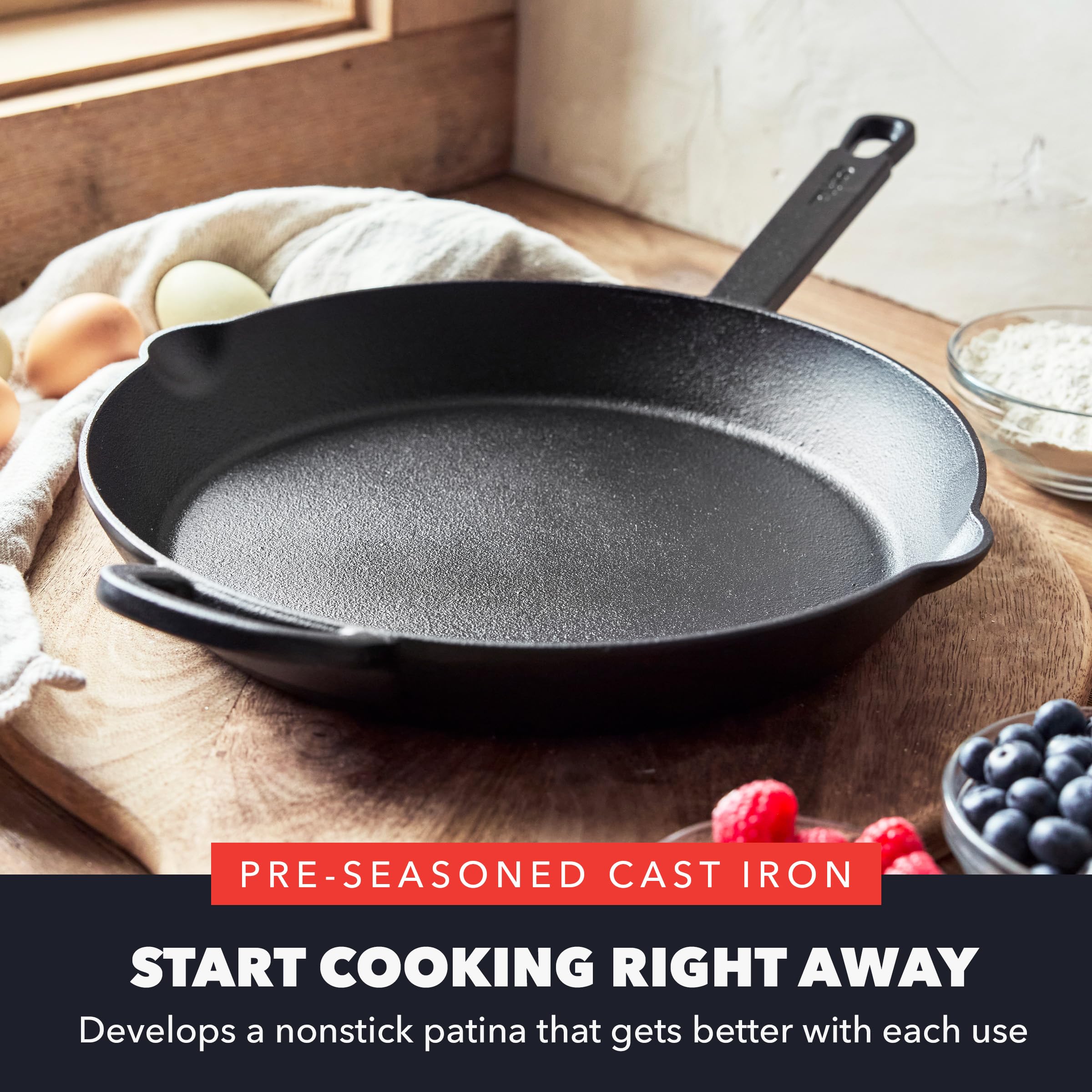 GreenPan x Bobby Flay 12-Inch Pre-Seasoned Cast Iron Skillet with Helper Handle - Professional Heavy Duty Cookware for Induction, Stovetop, Oven & Grill - Perfect for Searing, Baking & Outdoor BBQ - Indoor/Outdoor Use (Black)