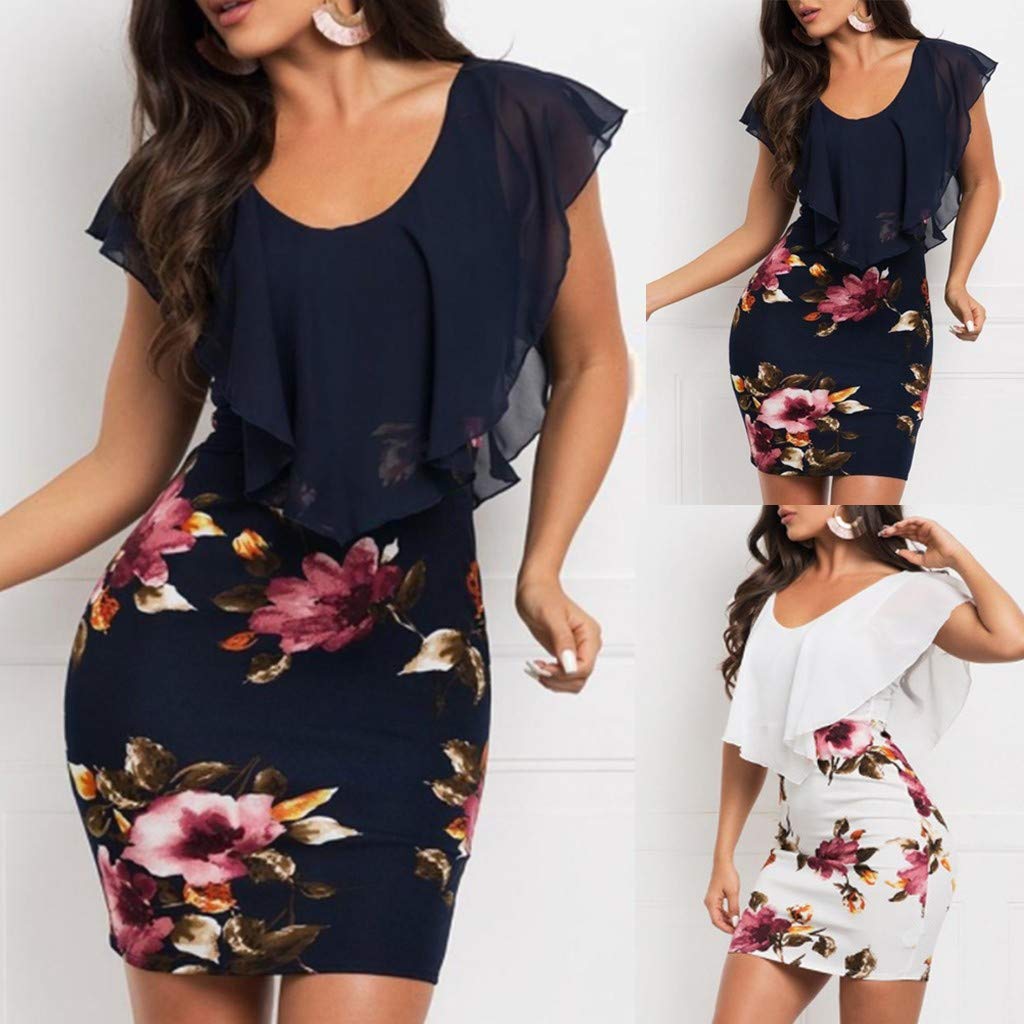 Women's Floral Print Pencil Dress with Ruffle Batwing Cape - Slim Fit Bodycon Dress for Casual Wear & Special Occasions (White, XL) - Perfect for Office, Date Night & Party Outfits